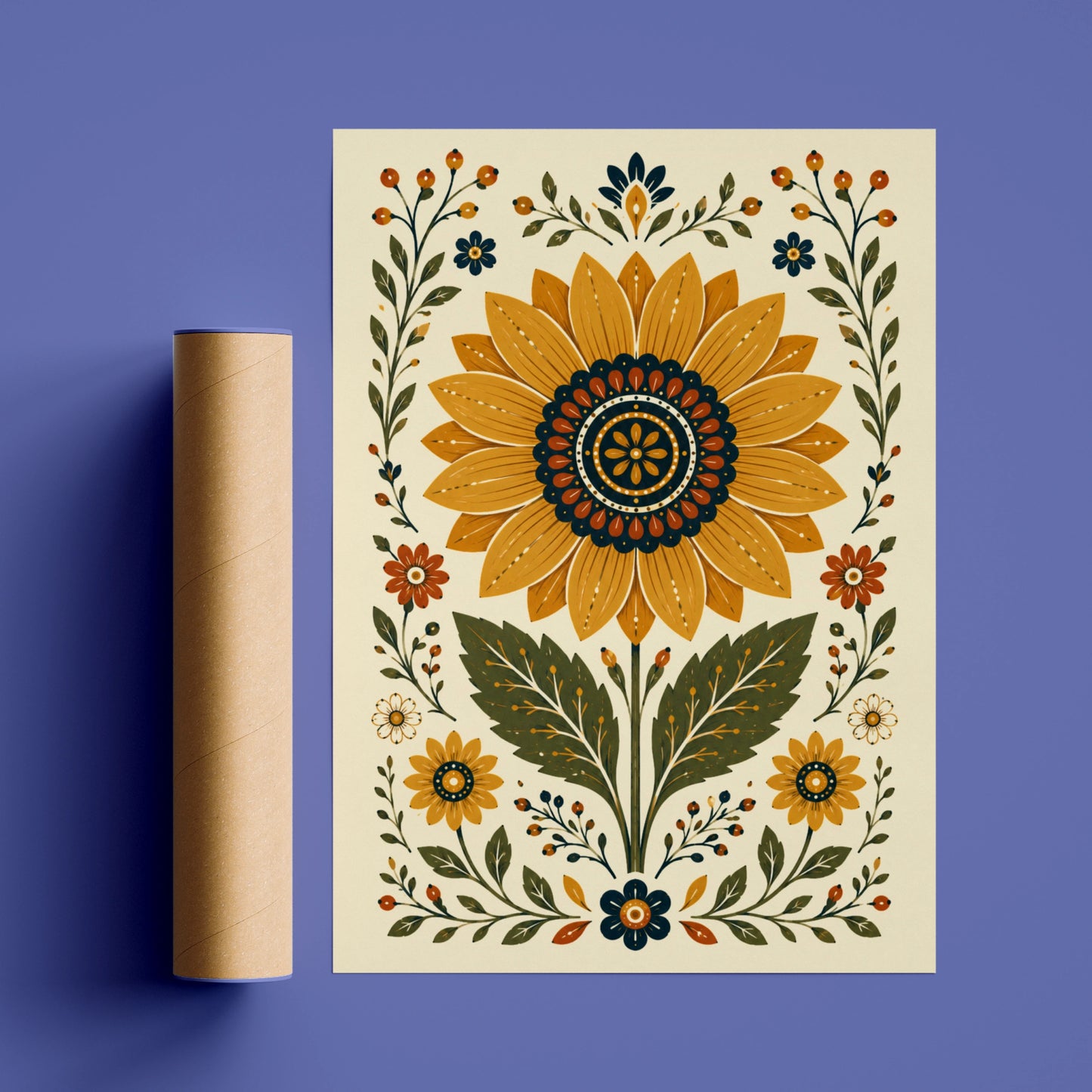 Folk Sunflower Poster, Botanical Floral Wall Art, Mustard Navy Vintage Print, Wilderkind
