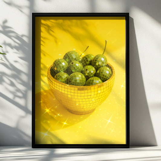 Gold disco mosaic bowl filled with green olives on a yellow background