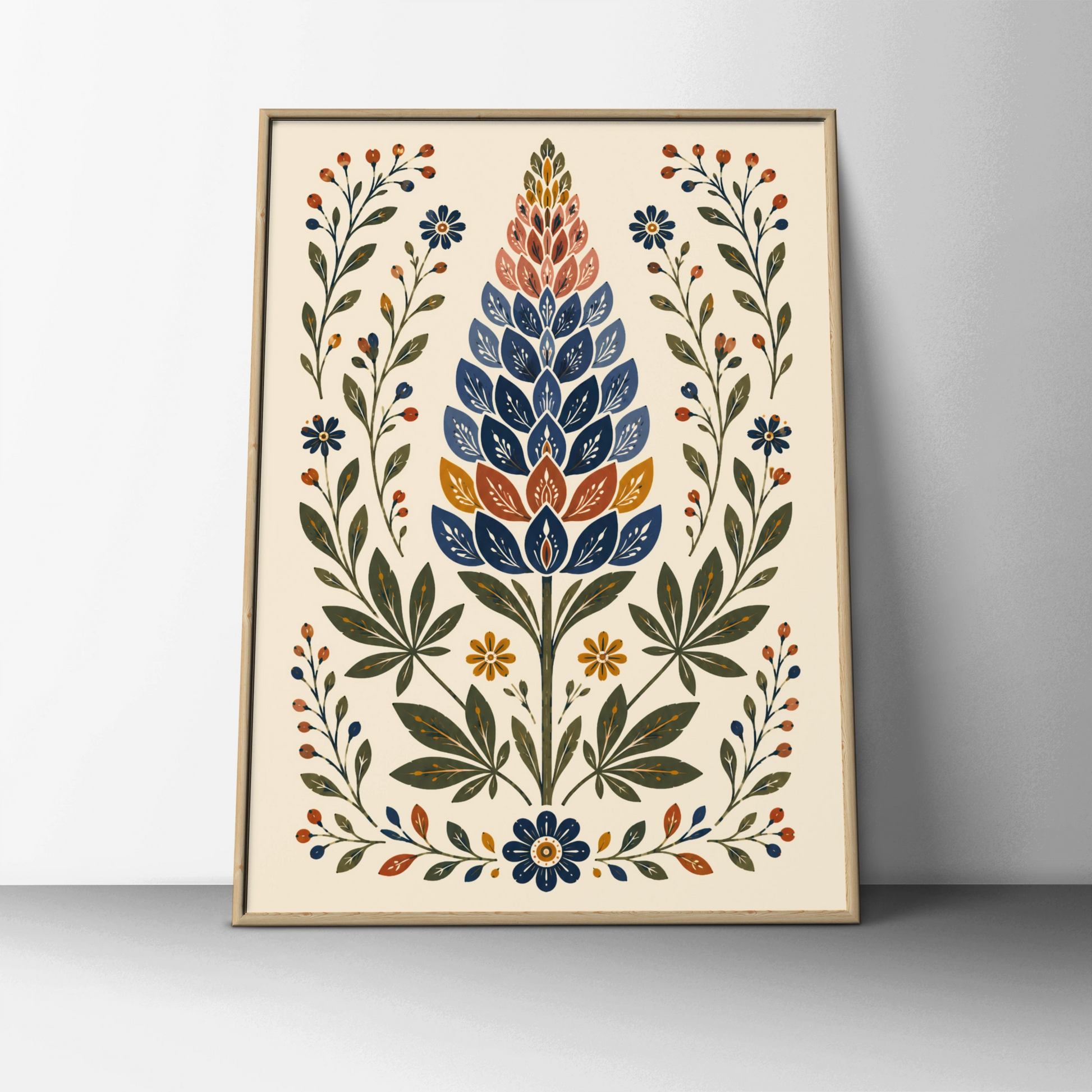 Folk Art Lupin Poster, Botanical Wildflower Print, Navy Blue Floral Wall Art, Scandi Style