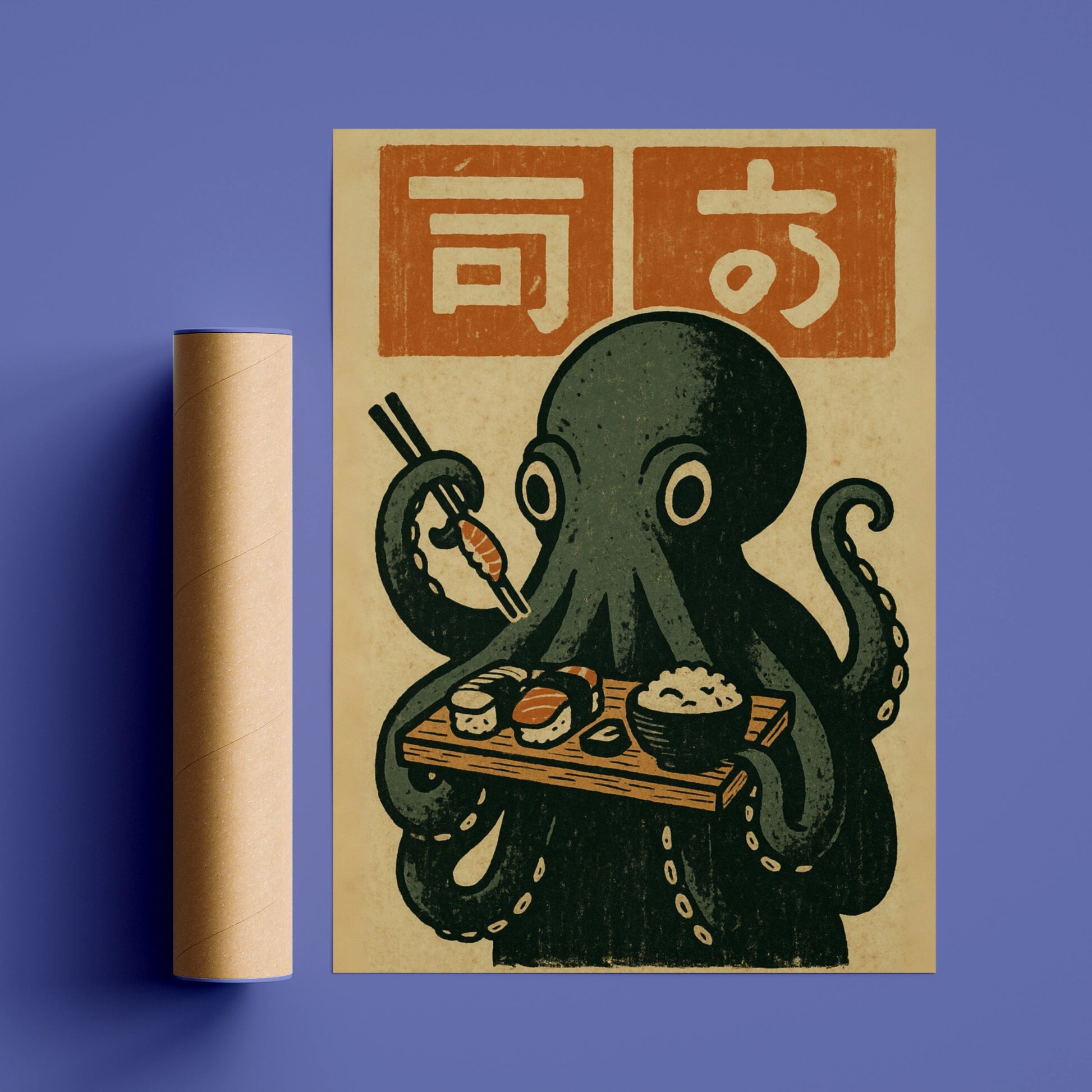 Sushi Octopus Poster, Japanese Woodblock Style Wall Art, Funny Kitchen Print