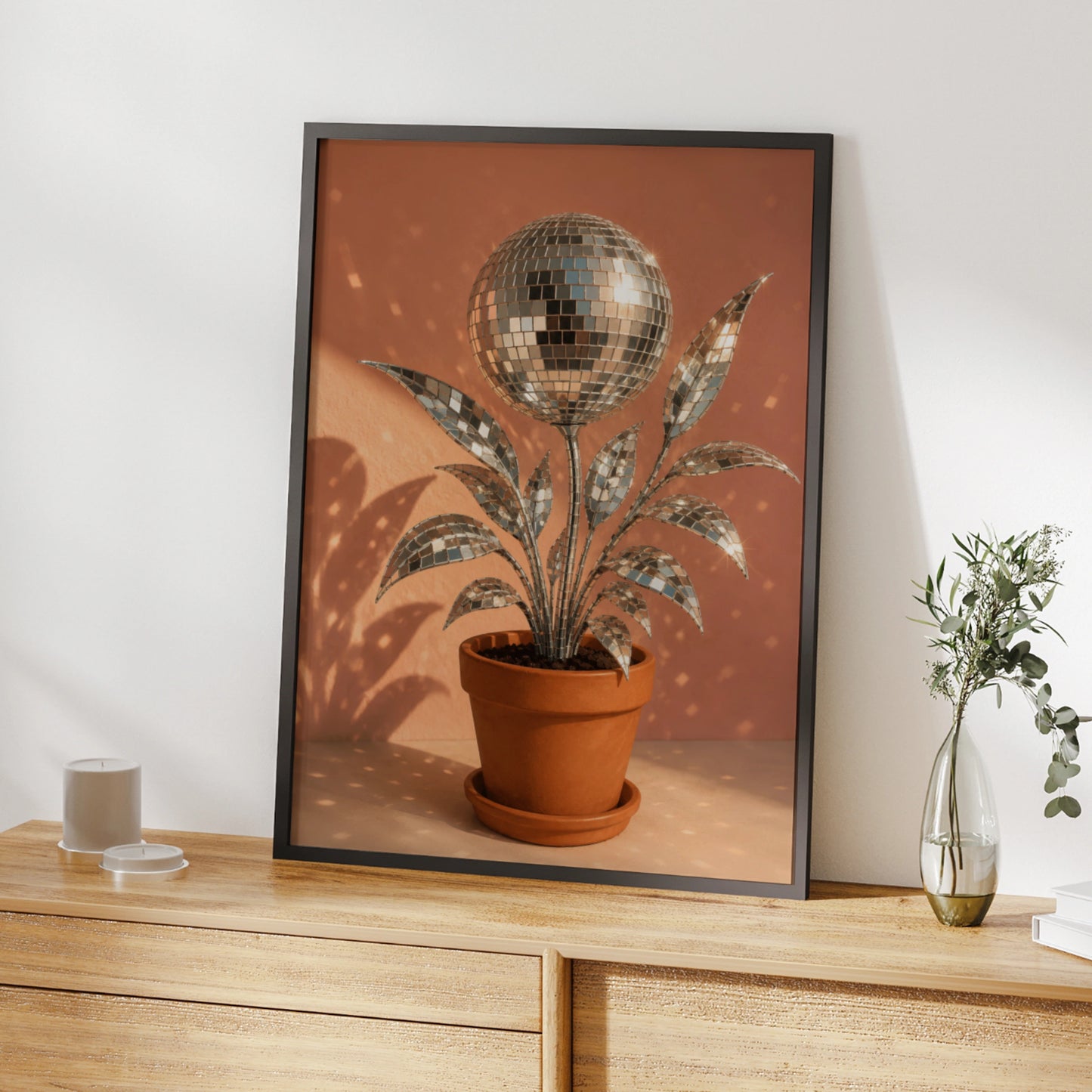 Silver disco ball plant in a terracotta pot against a warm pink background