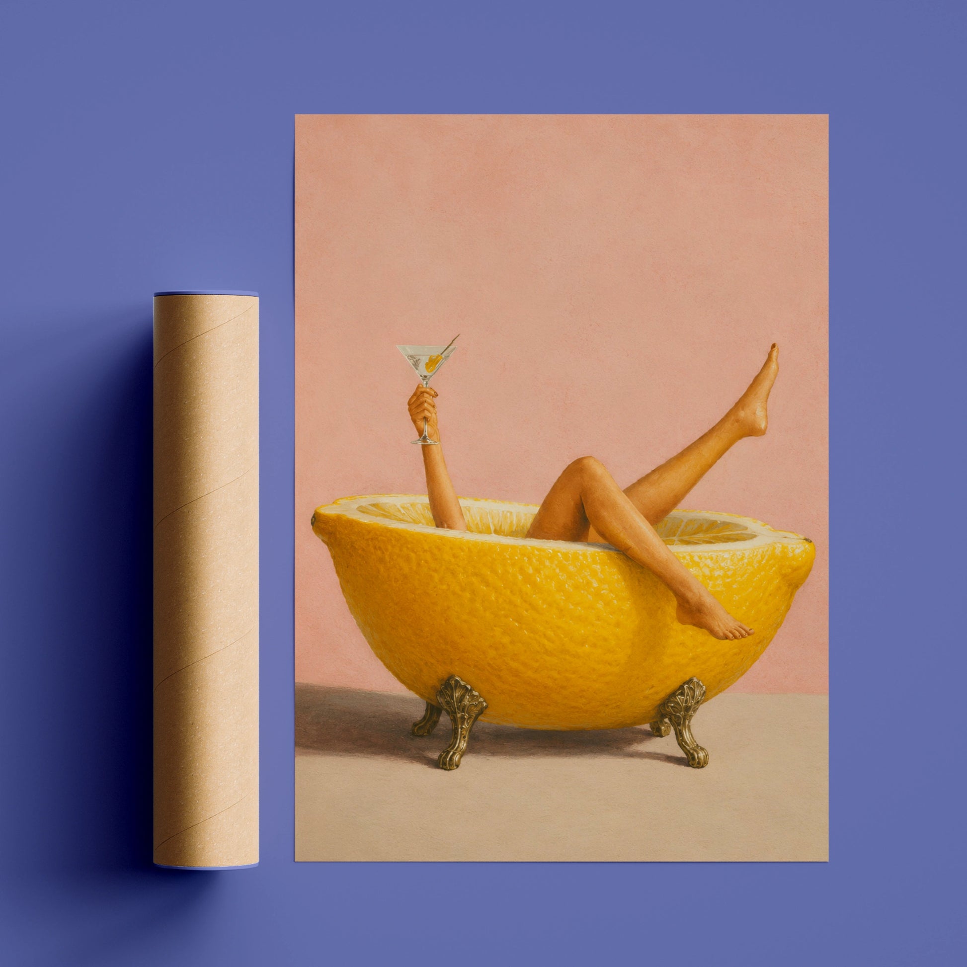 Woman relaxing in a giant lemon bath with a martini on a pink background
