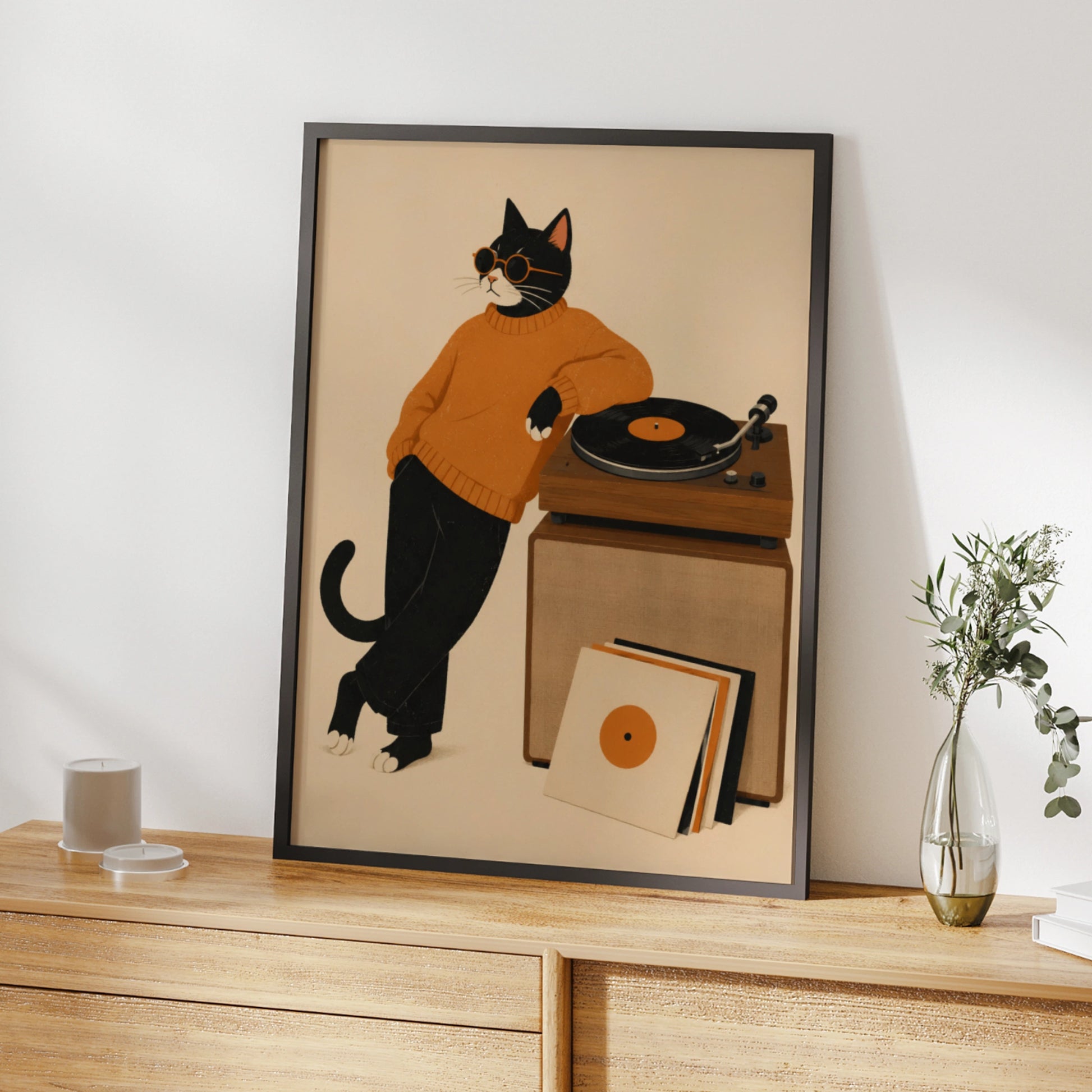 Cool Cat Vinyl Record Poster, Music Lover Wall Art, Retro Black Cat Print, Turntable Decor