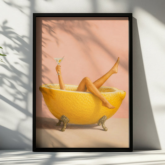 Woman relaxing in a giant lemon bath with a martini on a pink background