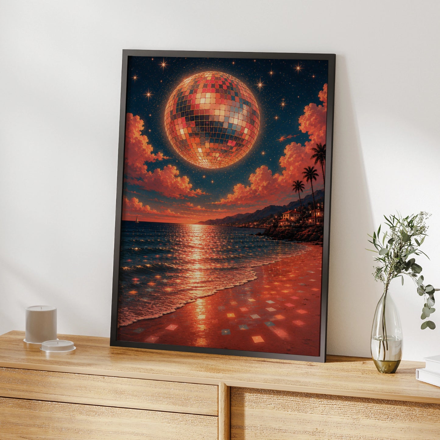 Surreal disco ball moon above a teal and coral coastal beach at sunset