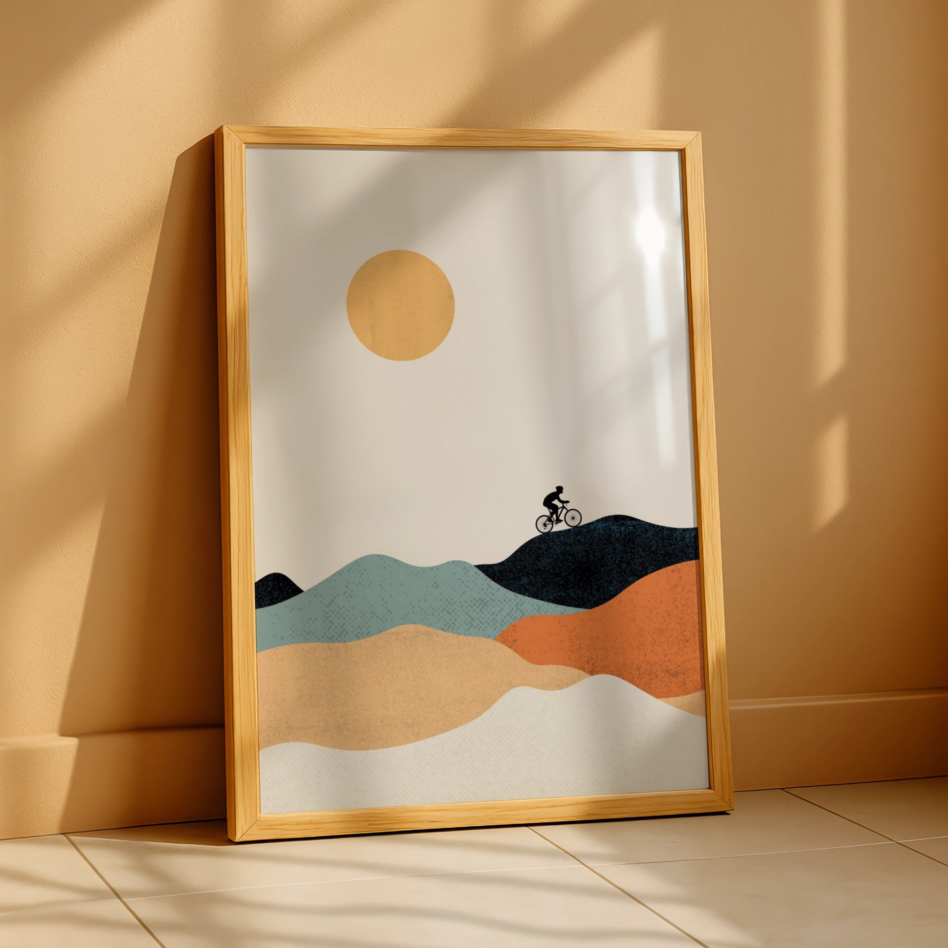 Mountain Bike Poster, Minimalist Cycling Art Print, Retro Hills Wall Art, Gift for Cyclist