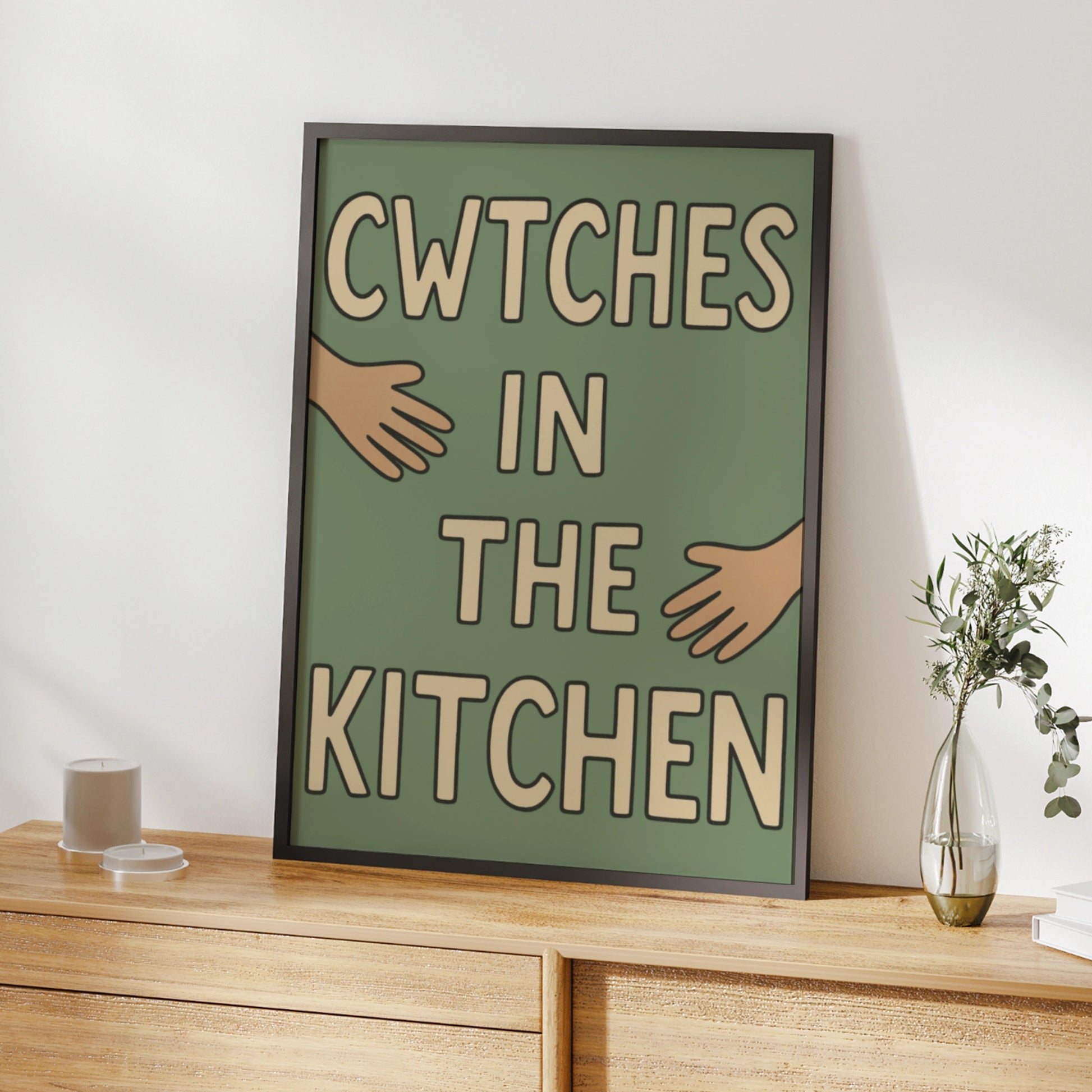 Cwtches in the Kitchen Welsh Print, Wales Wall Art, Sage Green Typography Poster