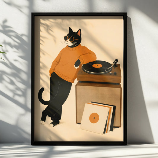 Cool Cat Vinyl Record Poster, Music Lover Wall Art, Retro Black Cat Print, Turntable Decor