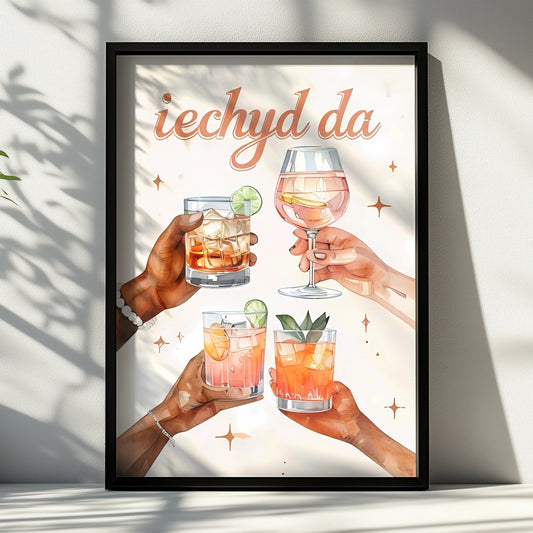 Iechyd Da Welsh Cheers Cocktail Poster, Wales Bar Wall Art, Drinks Print Gift