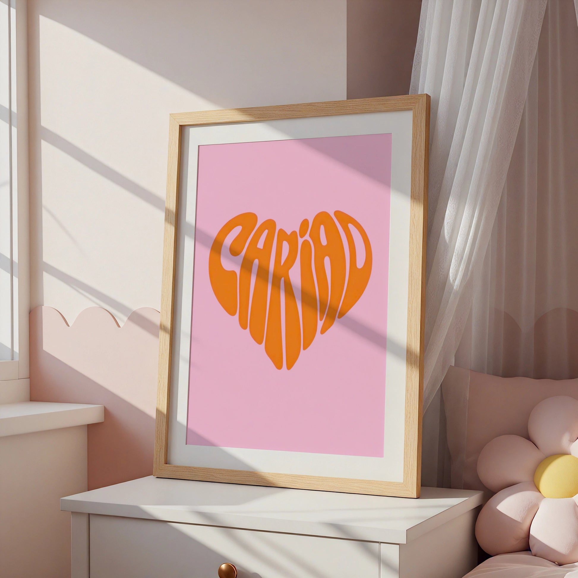 Cariad Welsh Love Heart Poster, Wales Wall Art, Pink Orange Retro Typography Print