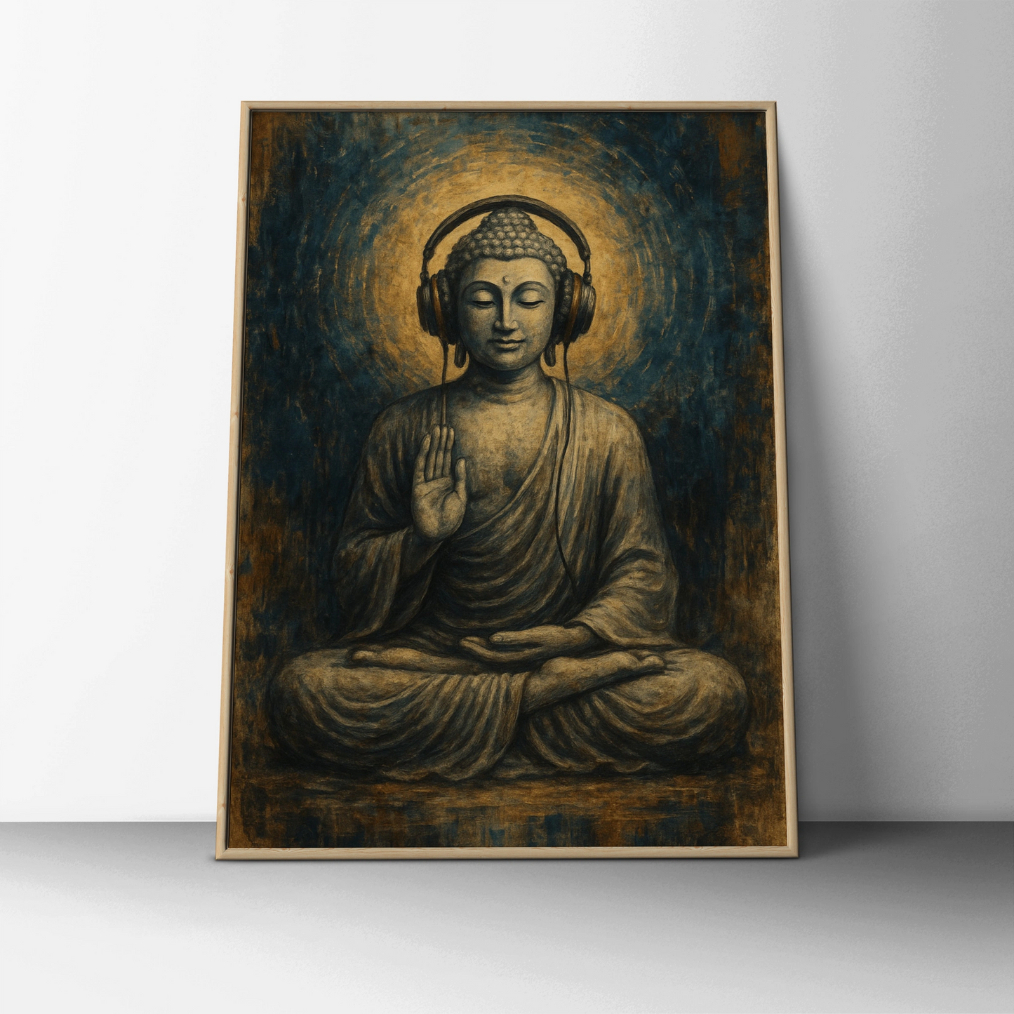 Buddha Headphones Poster, Meditation Wall Art, Spiritual Music Print, Blue Gold Decor