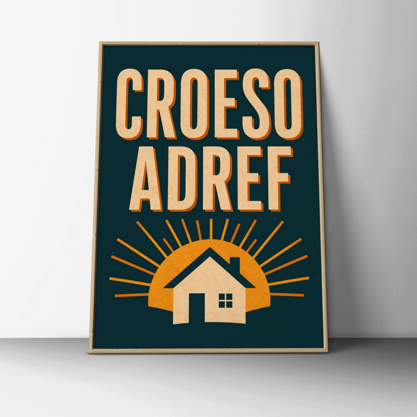 Croeso Adref Welsh Welcome Home Poster, Wales Retro Wall Art Print, Teal Gold