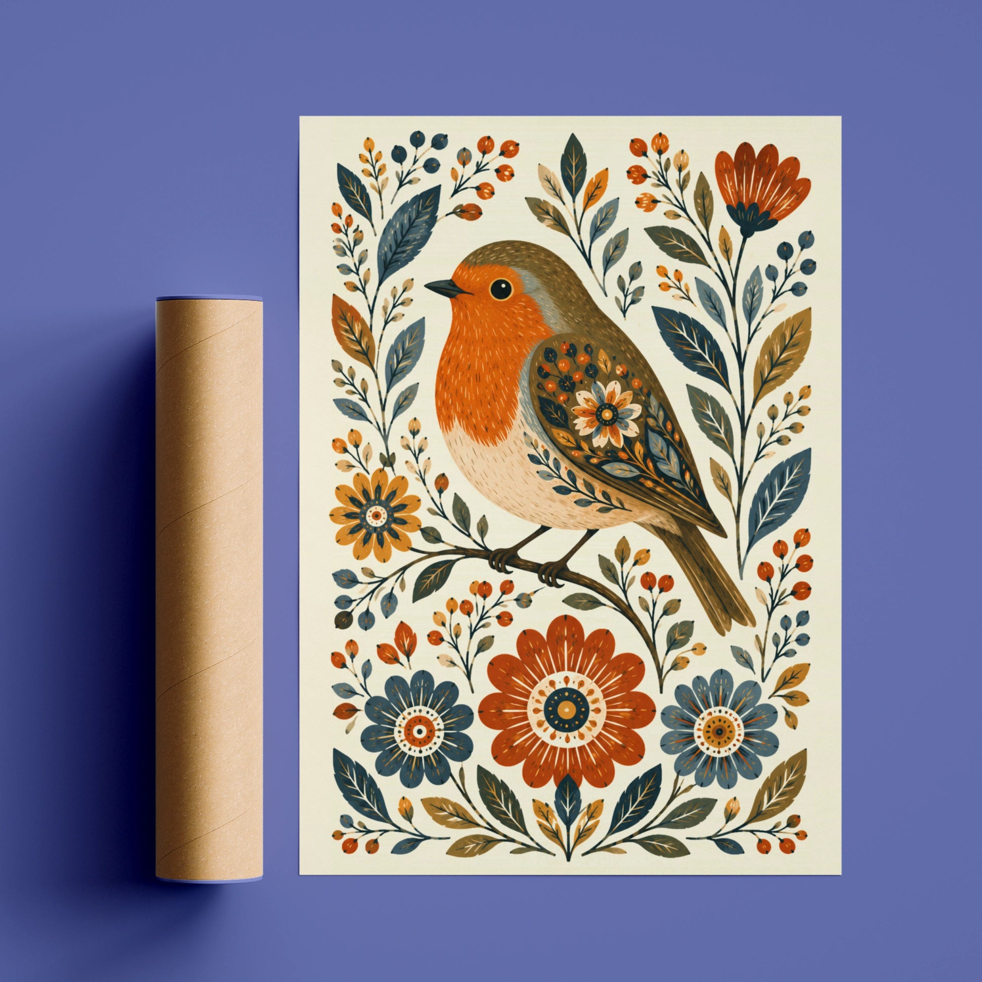 Folk Robin Poster, Floral Bird Wall Art, Scandinavian Style Print, Nature Home Decor