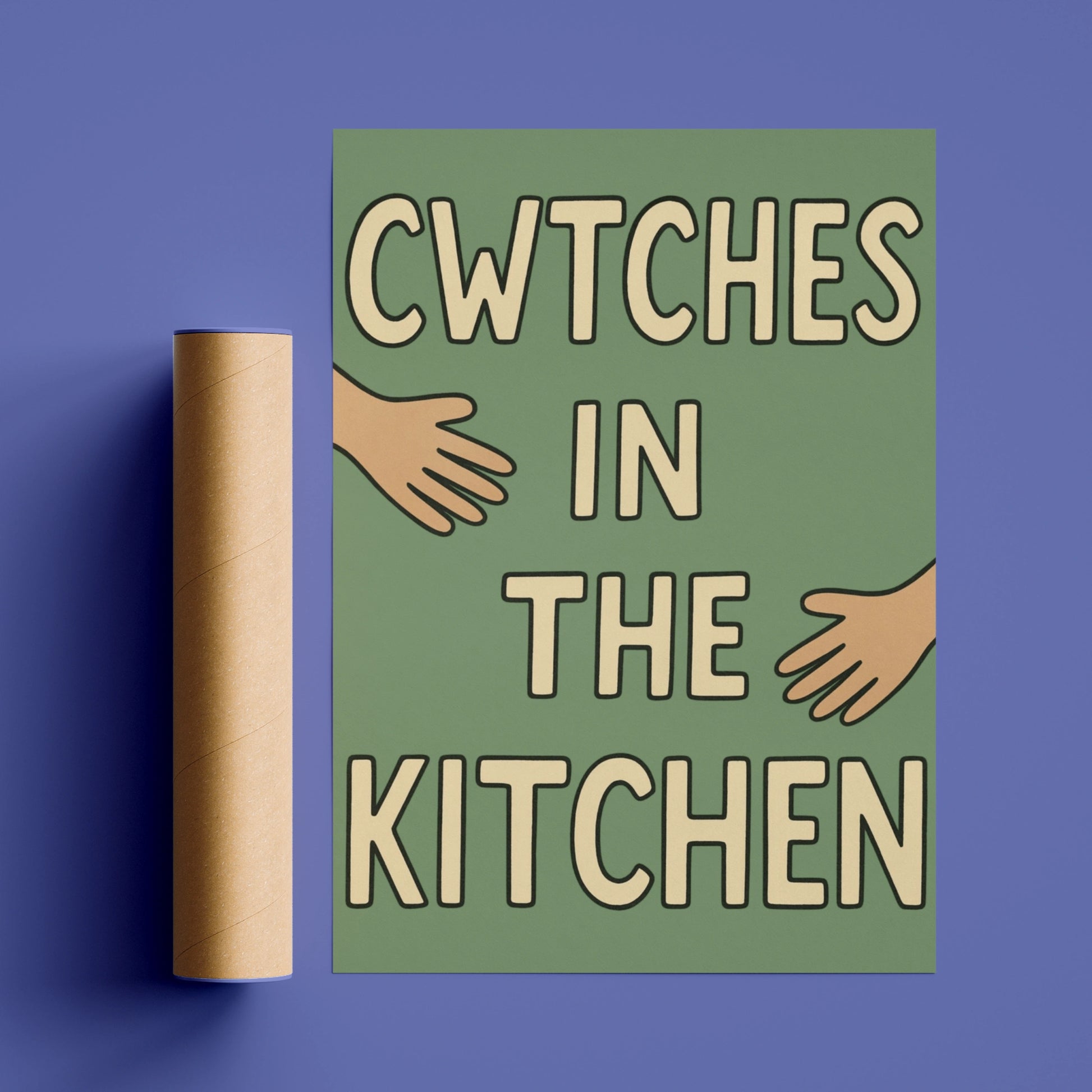 Cwtches in the Kitchen Welsh Print, Wales Wall Art, Sage Green Typography Poster