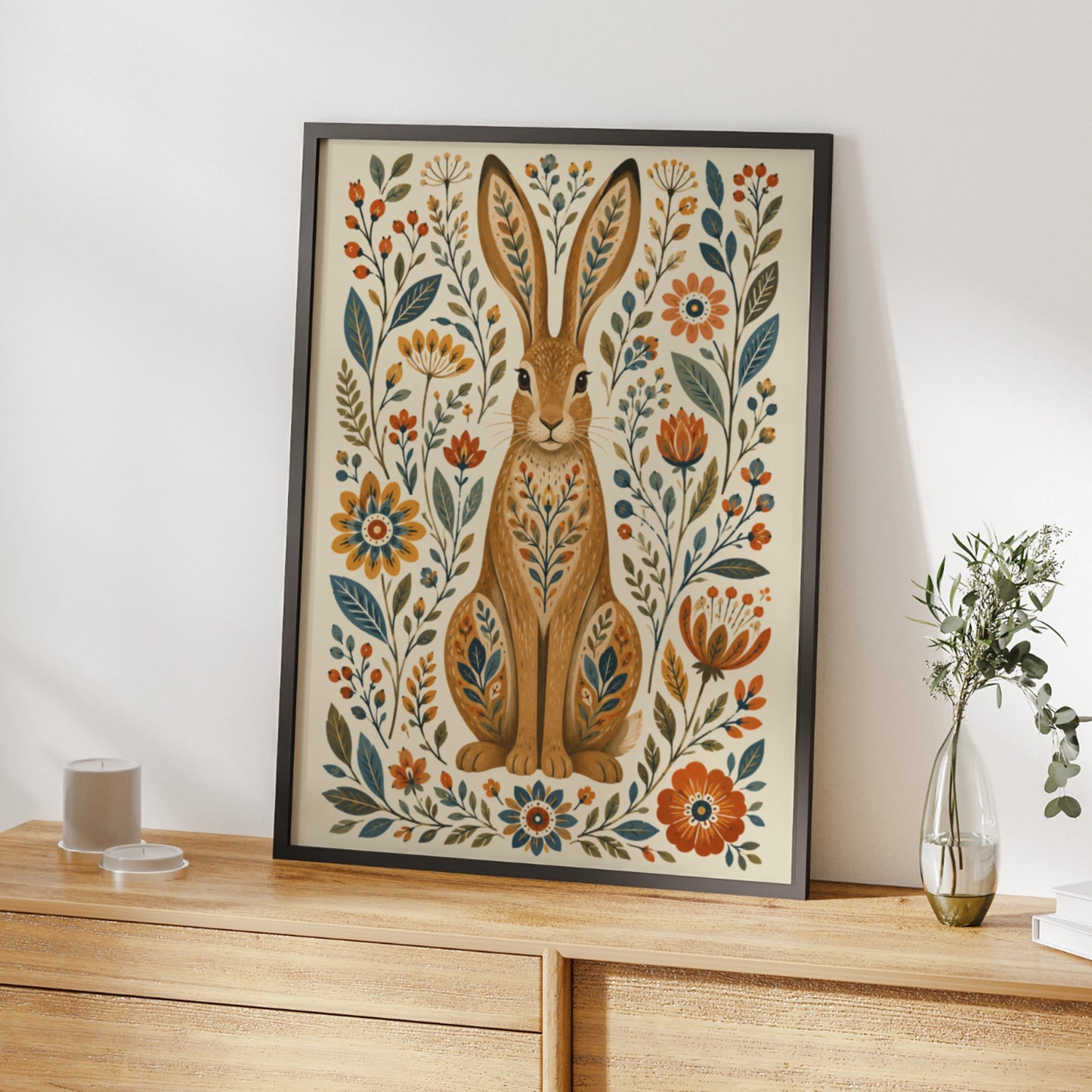 Folk Hare Poster, Floral Rabbit Wall Art, Botanical Folk Art Print, Wilderkind Nature Decor