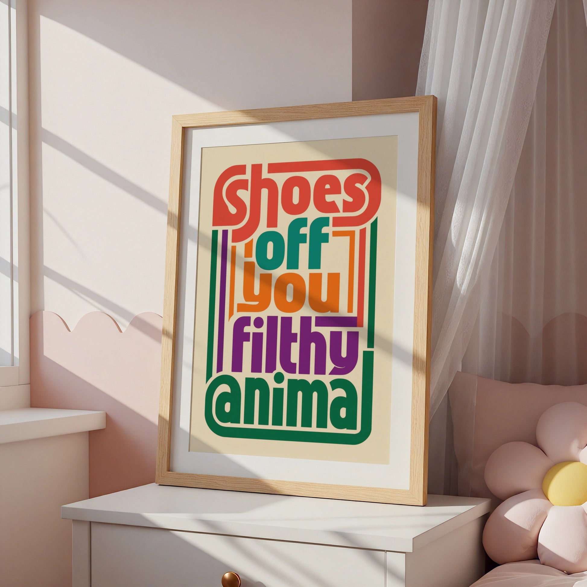 Shoes Off You Filthy Animal Poster, Funny Retro Typography, Colourful Hallway Wall Art