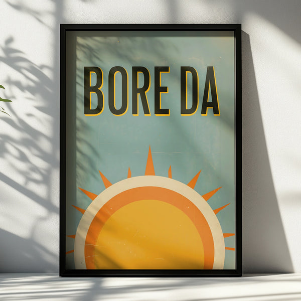Bore Da Welsh Good Morning Poster, Wales Retro Sun Print, Vintage Typography Wall Art