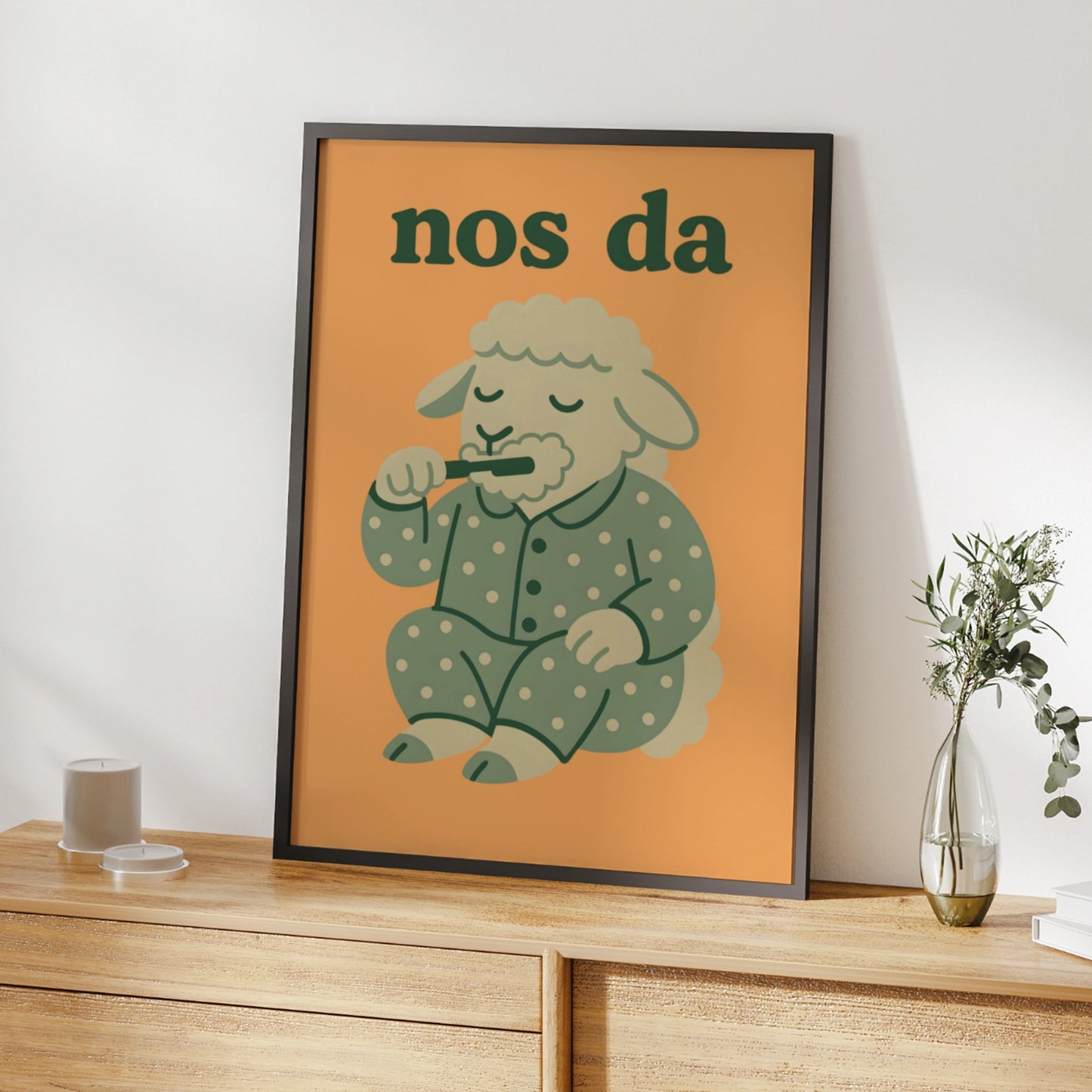 Nos Da Welsh Sheep Poster, Wales Nursery Wall Art, Cute Bedtime Print, Kids Room Decor