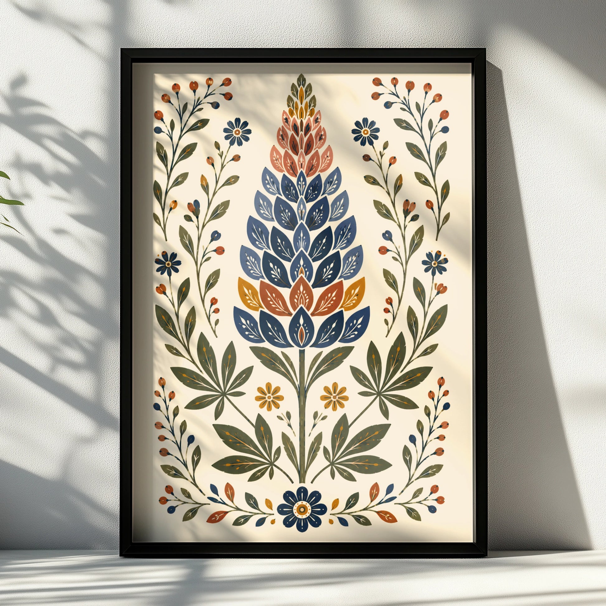 Folk Art Lupin Poster, Botanical Wildflower Print, Navy Blue Floral Wall Art, Scandi Style
