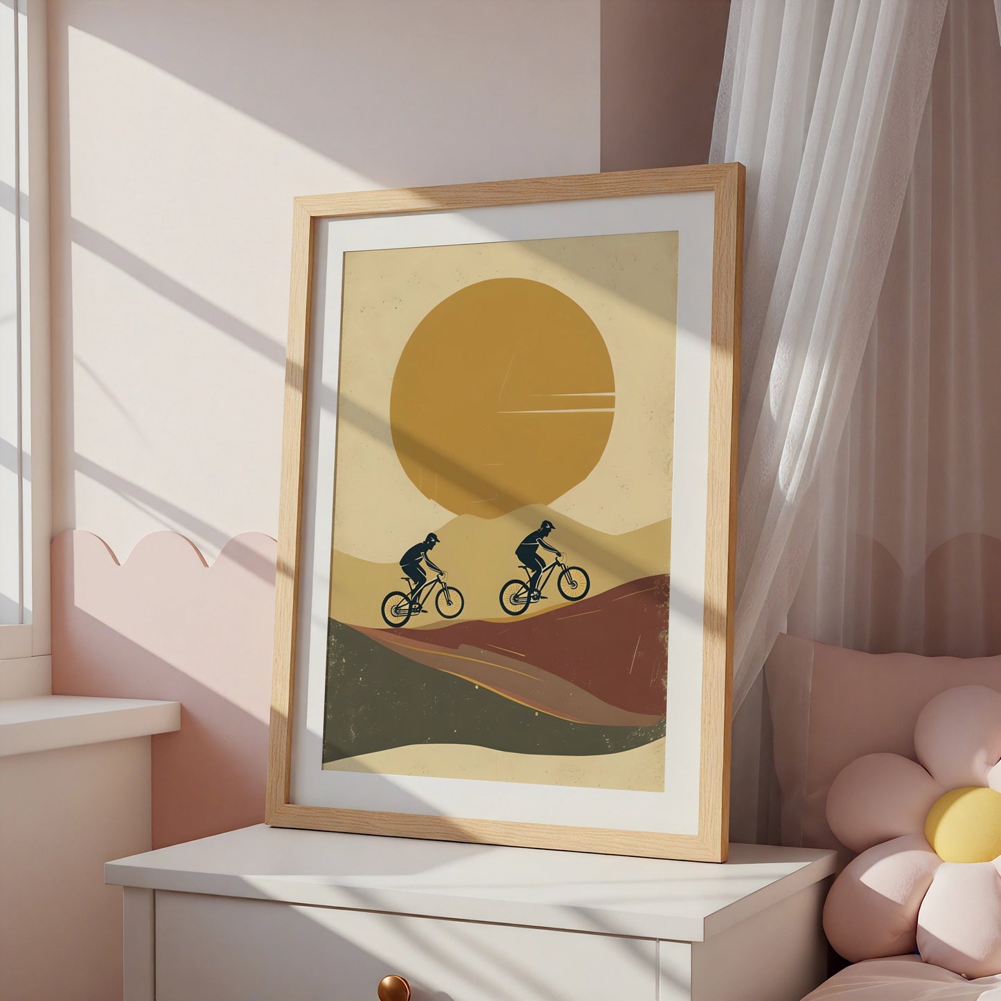 Mountain Bike Poster, MTB Wall Art, Retro Cycling Print, Minimalist Sunset Rider Decor