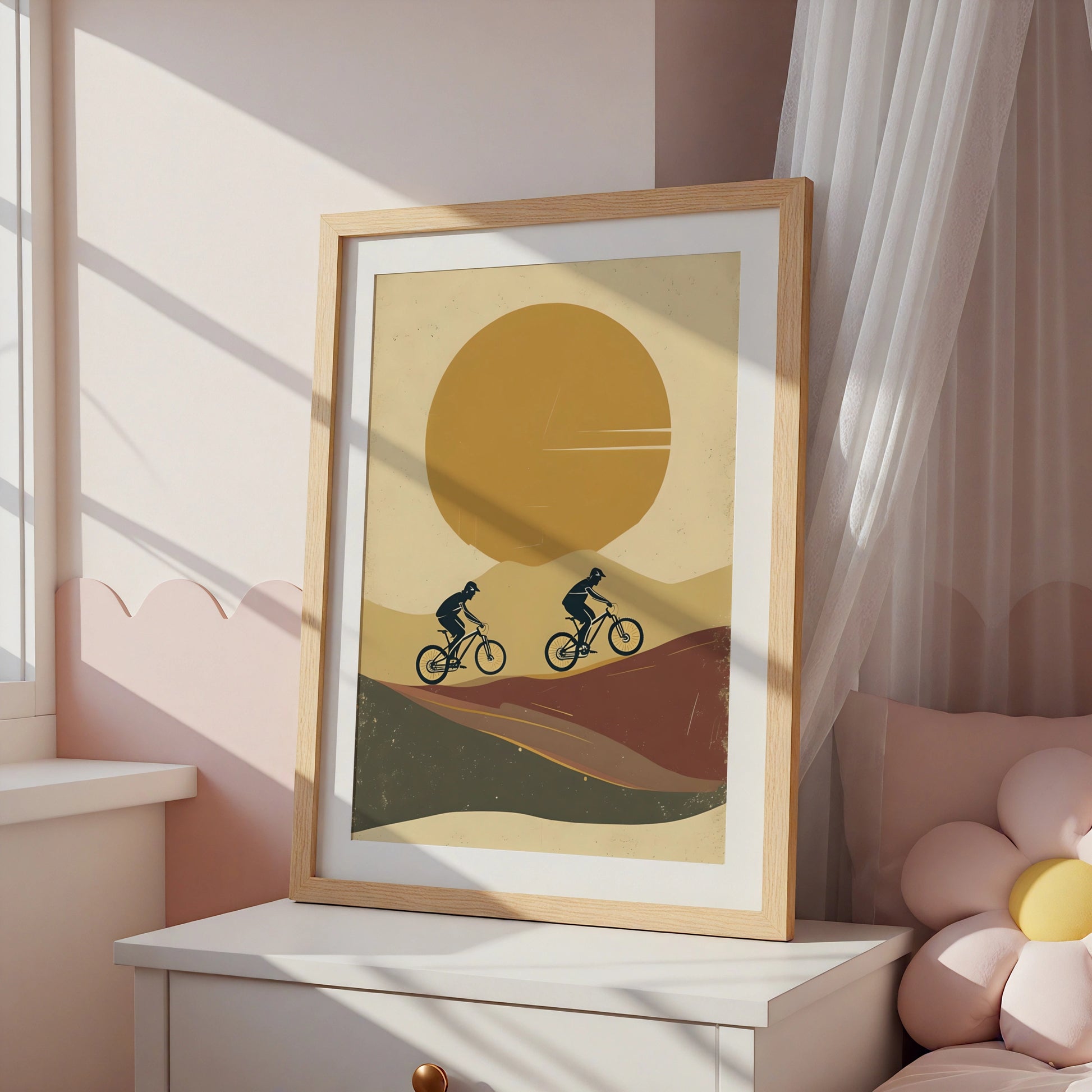 Mountain Bike Poster, MTB Wall Art, Retro Cycling Print, Minimalist Sunset Rider Decor
