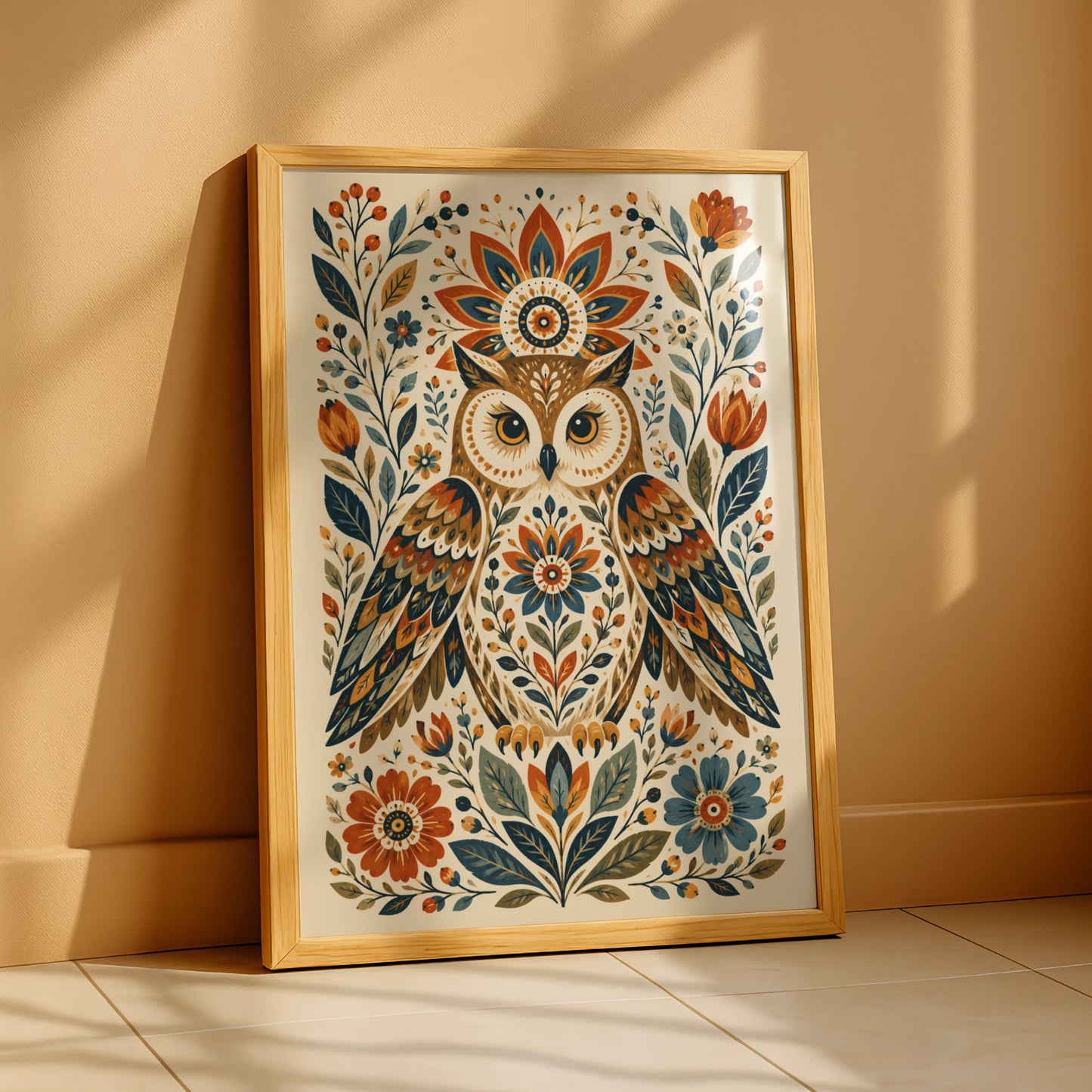 Folk Art Owl Poster, Floral Bird Wall Art, Botanical Nature Print, Boho Home Decor