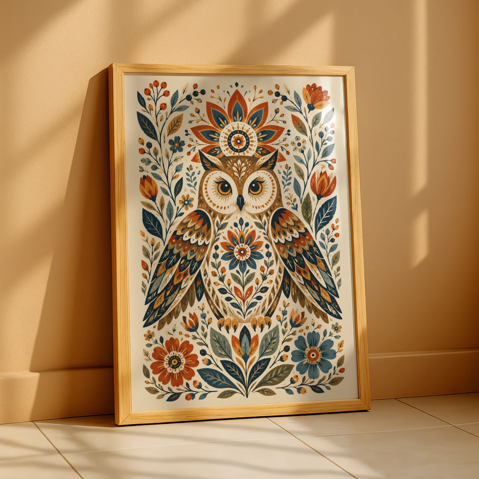 Folk Art Owl Poster, Floral Bird Wall Art, Botanical Nature Print, Boho Home Decor