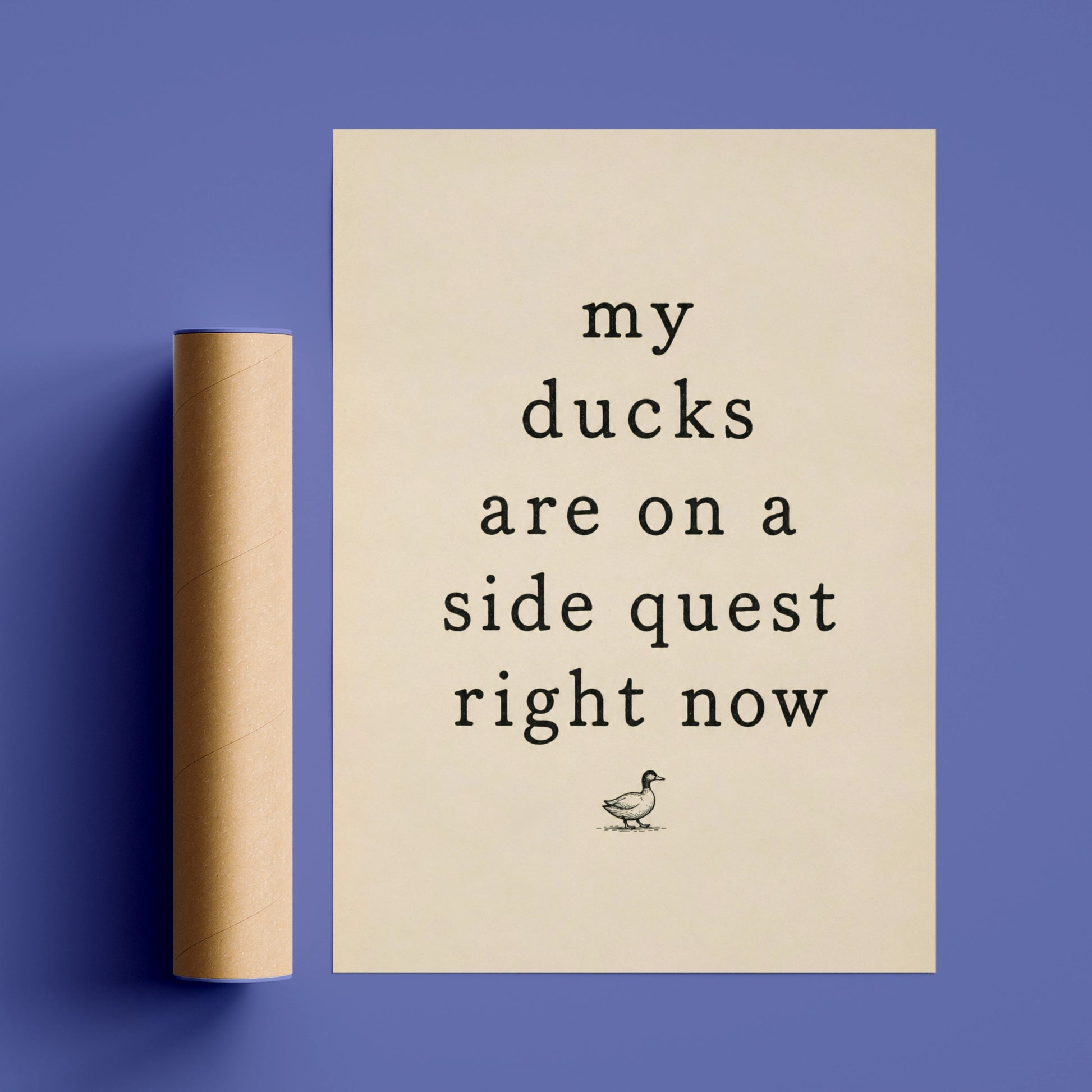 Funny side quest quote with a vintage duck illustration on a cream background