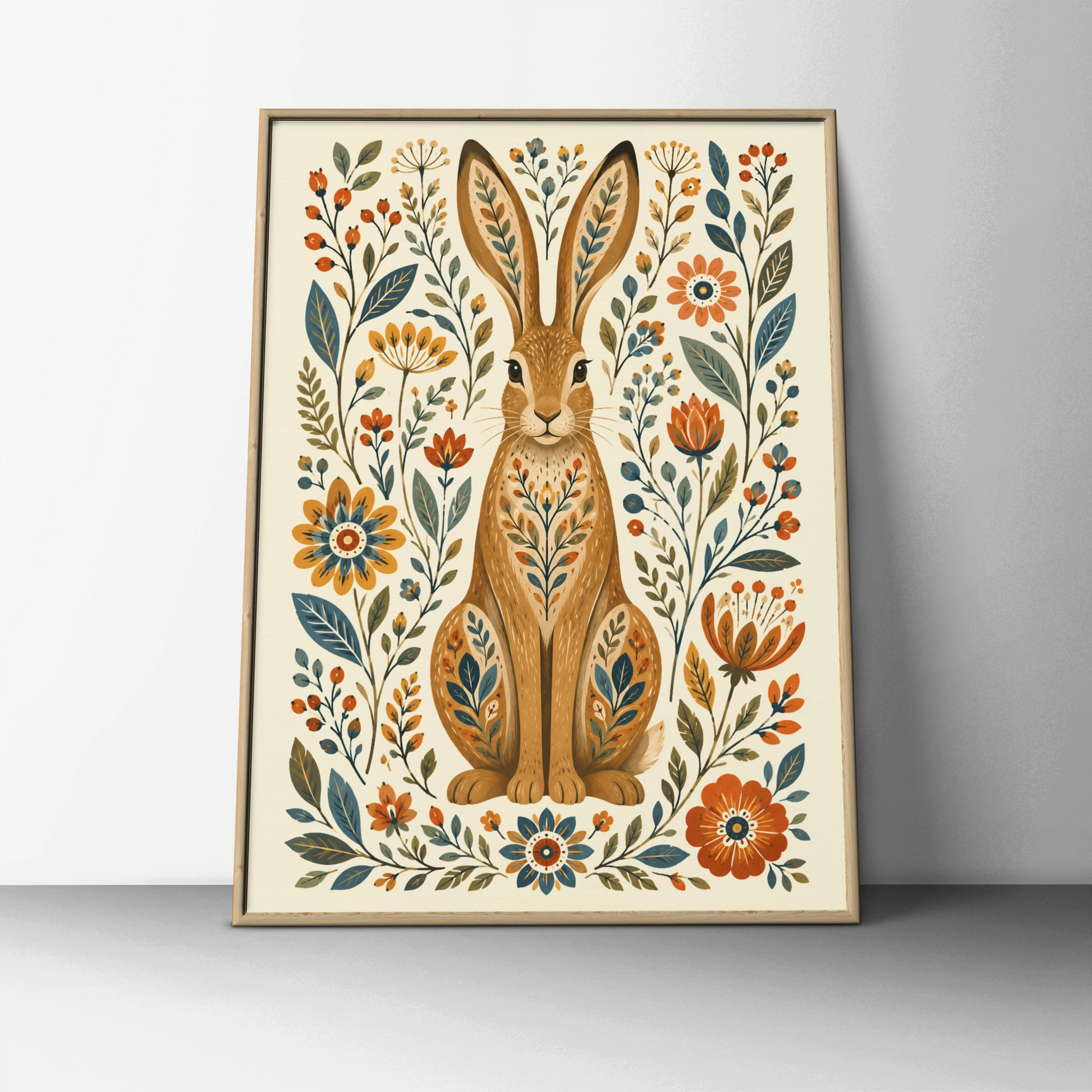 Folk Hare Poster, Floral Rabbit Wall Art, Botanical Folk Art Print, Wilderkind Nature Decor