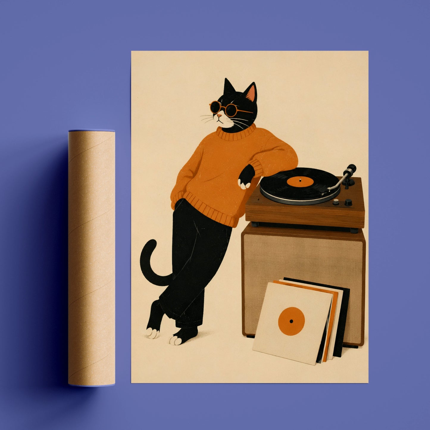 Cool Cat Vinyl Record Poster, Music Lover Wall Art, Retro Black Cat Print, Turntable Decor