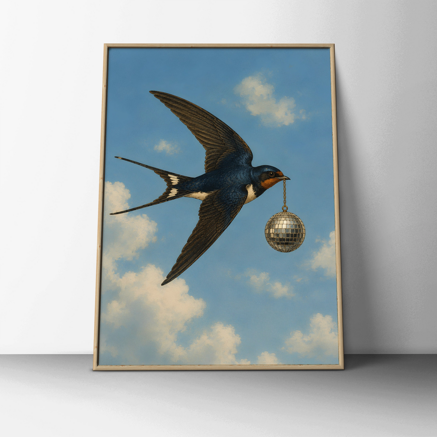 Illustrated swallow carrying a silver disco ball through a cloudy blue sky