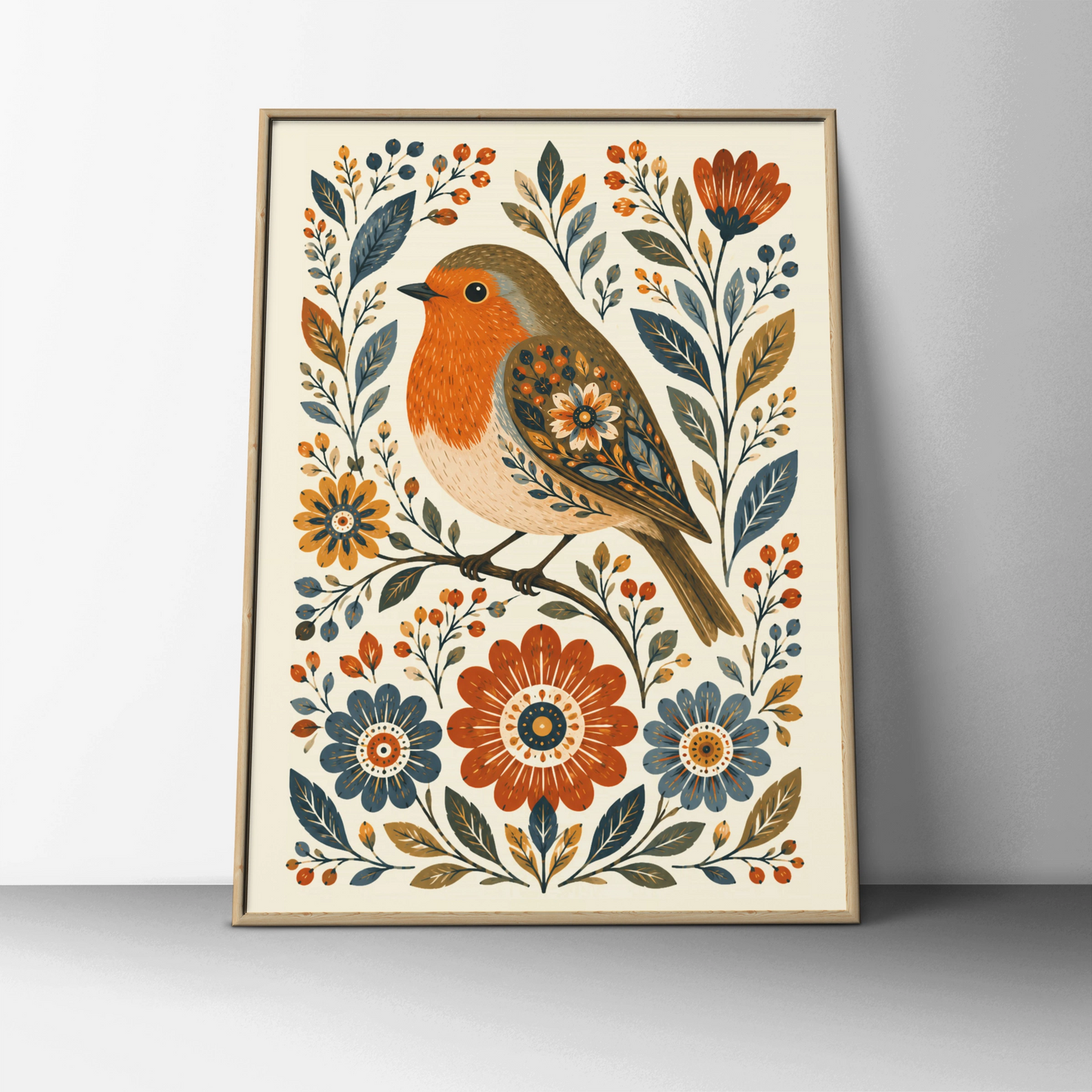 Folk Robin Poster, Floral Bird Wall Art, Scandinavian Style Print, Nature Home Decor
