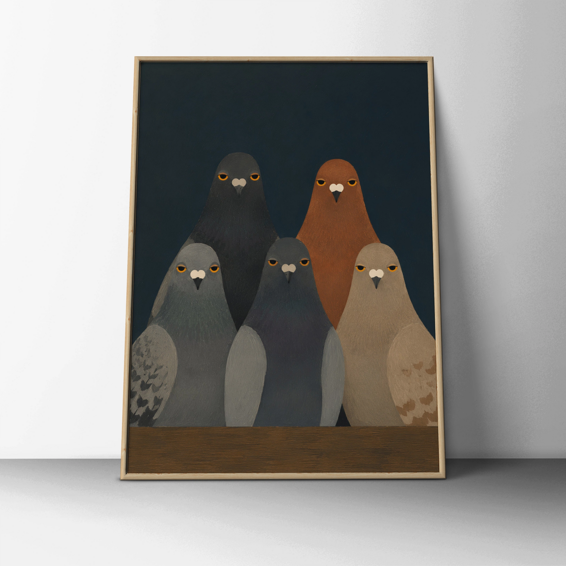 Pigeon Stare Poster, Moody Bird Wall Art, Dark Teal Flock Print, Quirky Animal Decor