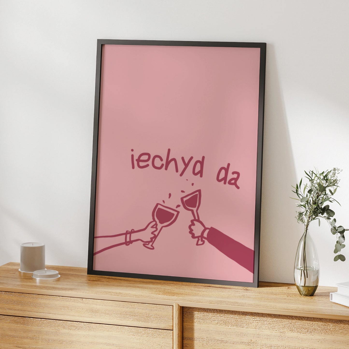 Iechyd Da Welsh Toast Poster, Wales Wine Print, Pink Wall Art, Cheers Gift