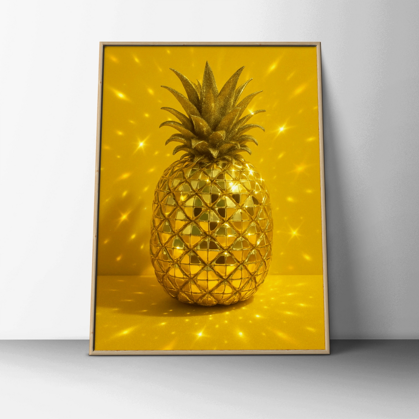 Golden disco ball pineapple with glittering leaves on a yellow background
