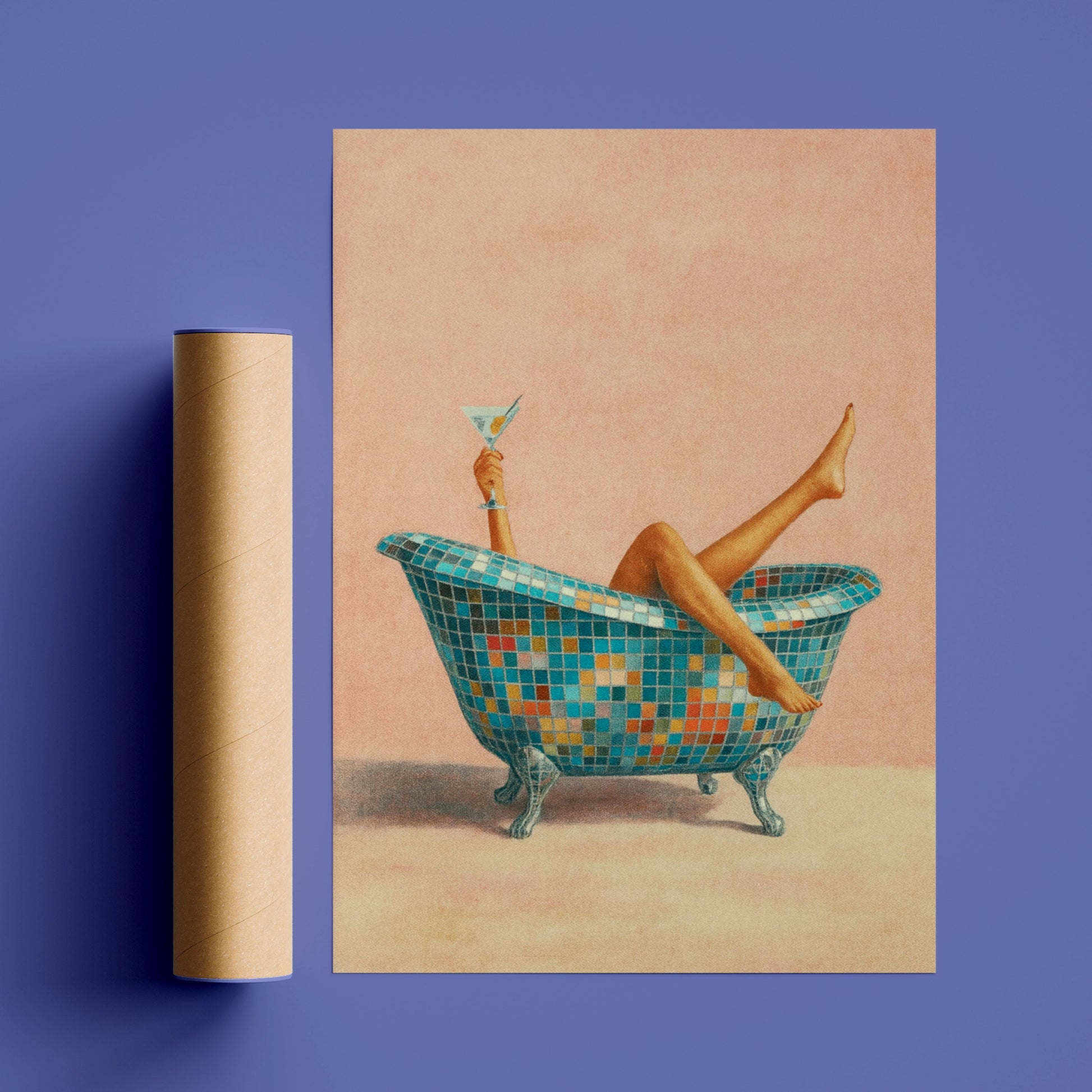 Retro disco bath poster with mosaic clawfoot tub, raised martini and pink background