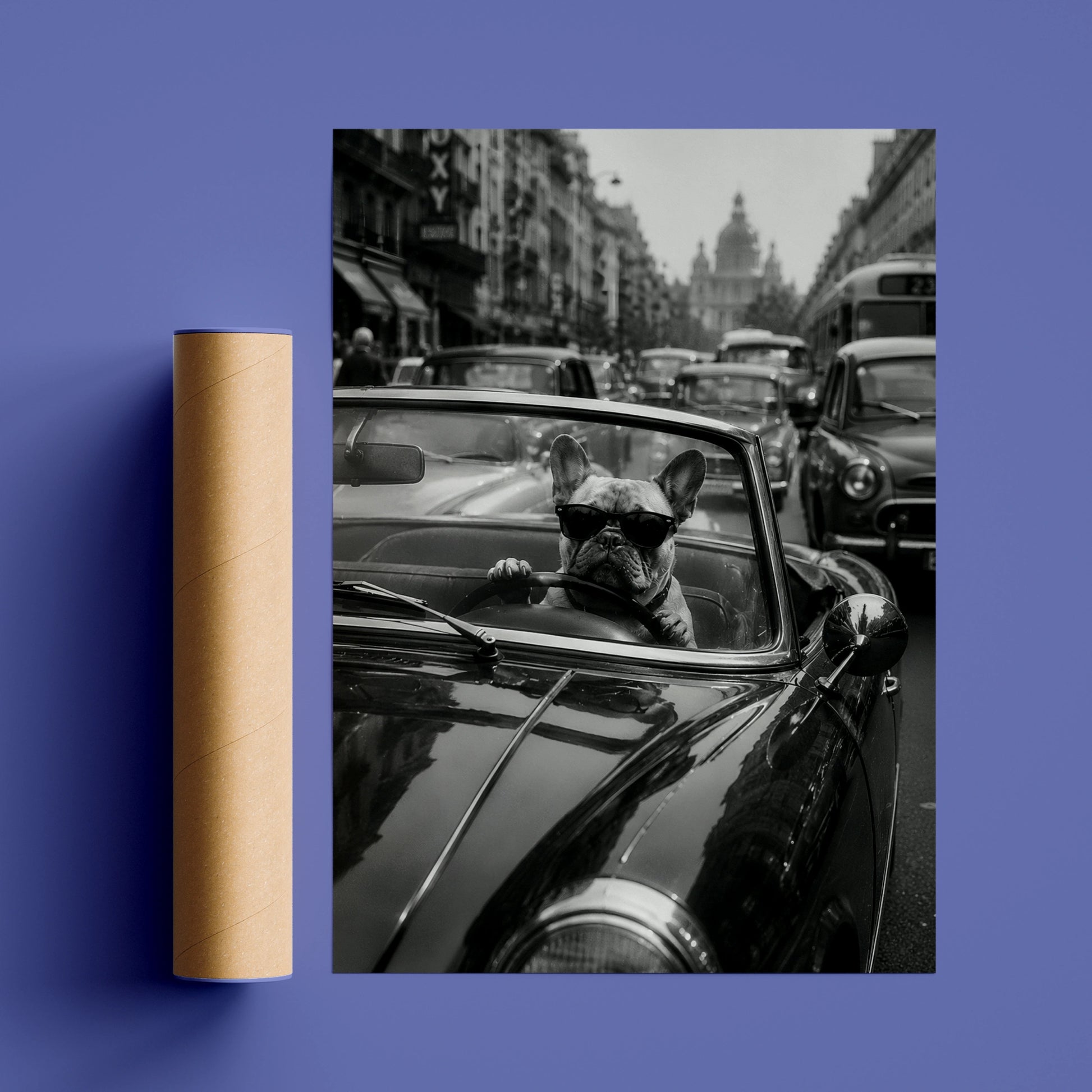 French Bulldog Driving Classic Car Poster, Funny Dog Wall Art, Black and White Print