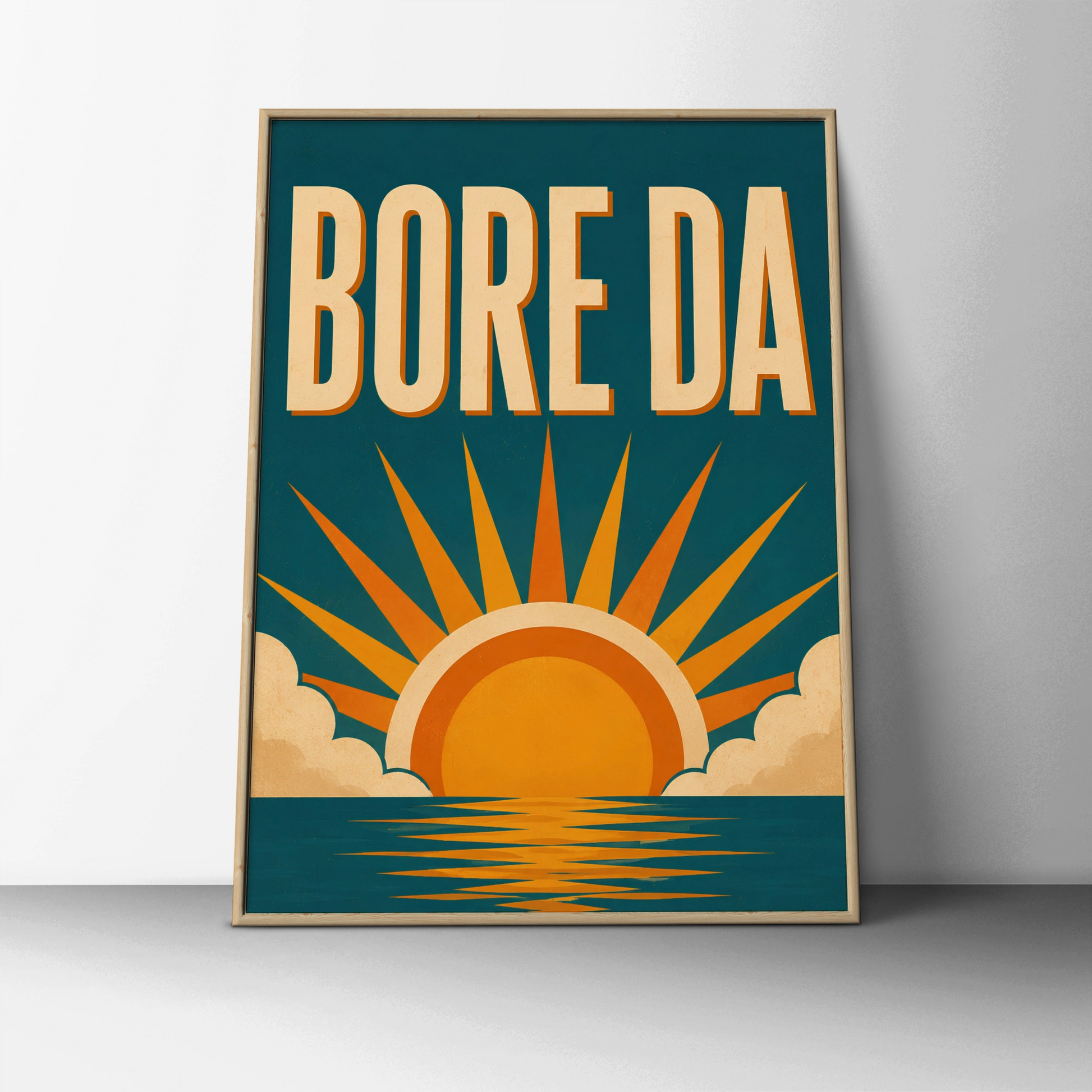 Bore Da Welsh poster with cream lettering and orange sunrise over a teal-blue sea