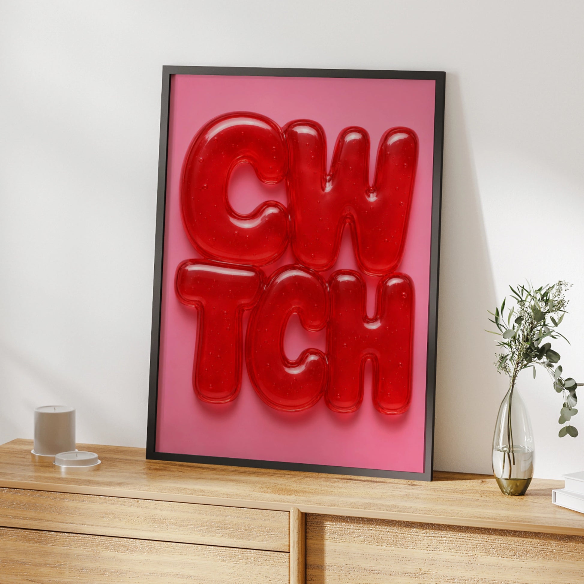 Cwtch Welsh Word Poster, Wales Jelly Bubble Letter Art, Red Pink Wall Print