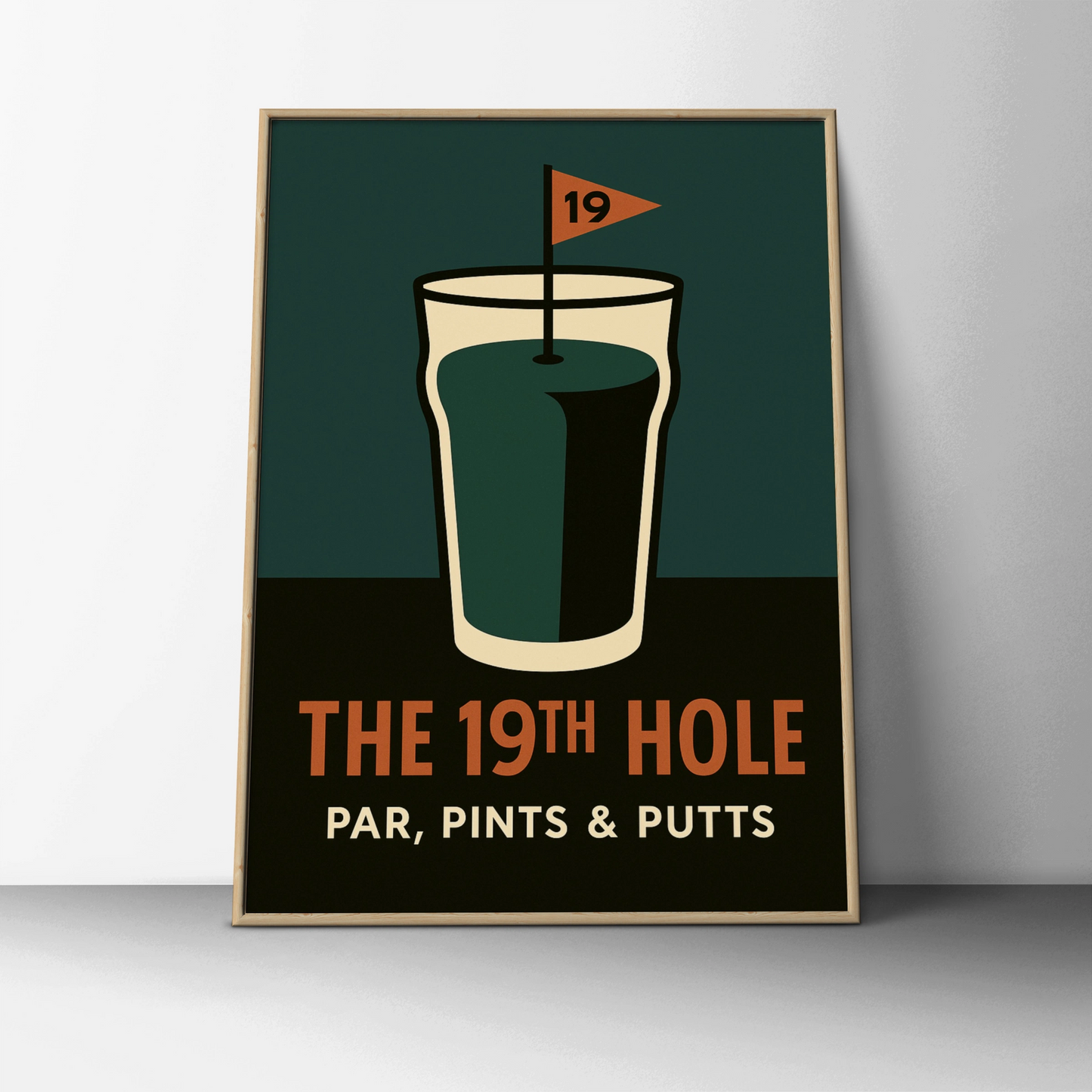 Retro 19th hole golf poster with a pint glass and flag on teal