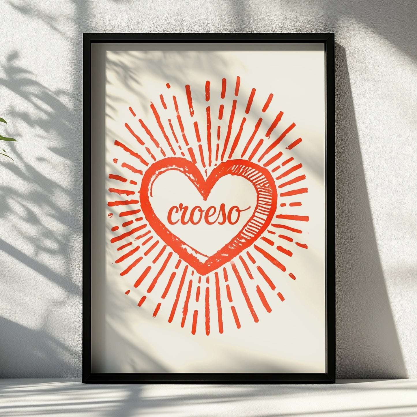 Croeso Welsh Welcome Heart Poster, Wales Wall Art, Red Retro Sun Ray Print