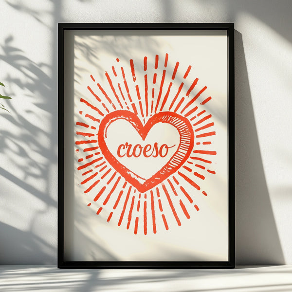 Croeso Welsh Welcome Heart Poster, Wales Wall Art, Red Retro Sun Ray Print