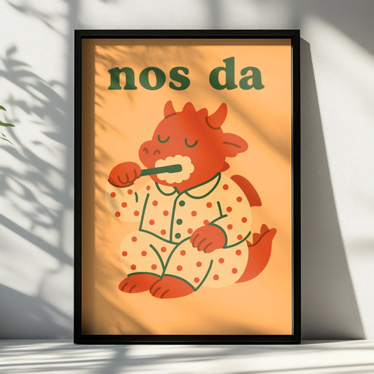 Nos Da Welsh Dragon Poster, Wales Kids Bedroom Wall Art, Cute Goodnight Print