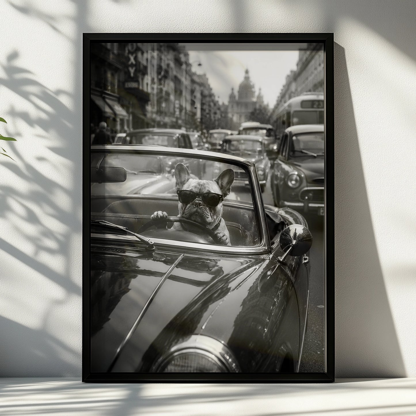 French Bulldog Driving Classic Car Poster, Funny Dog Wall Art, Black and White Print