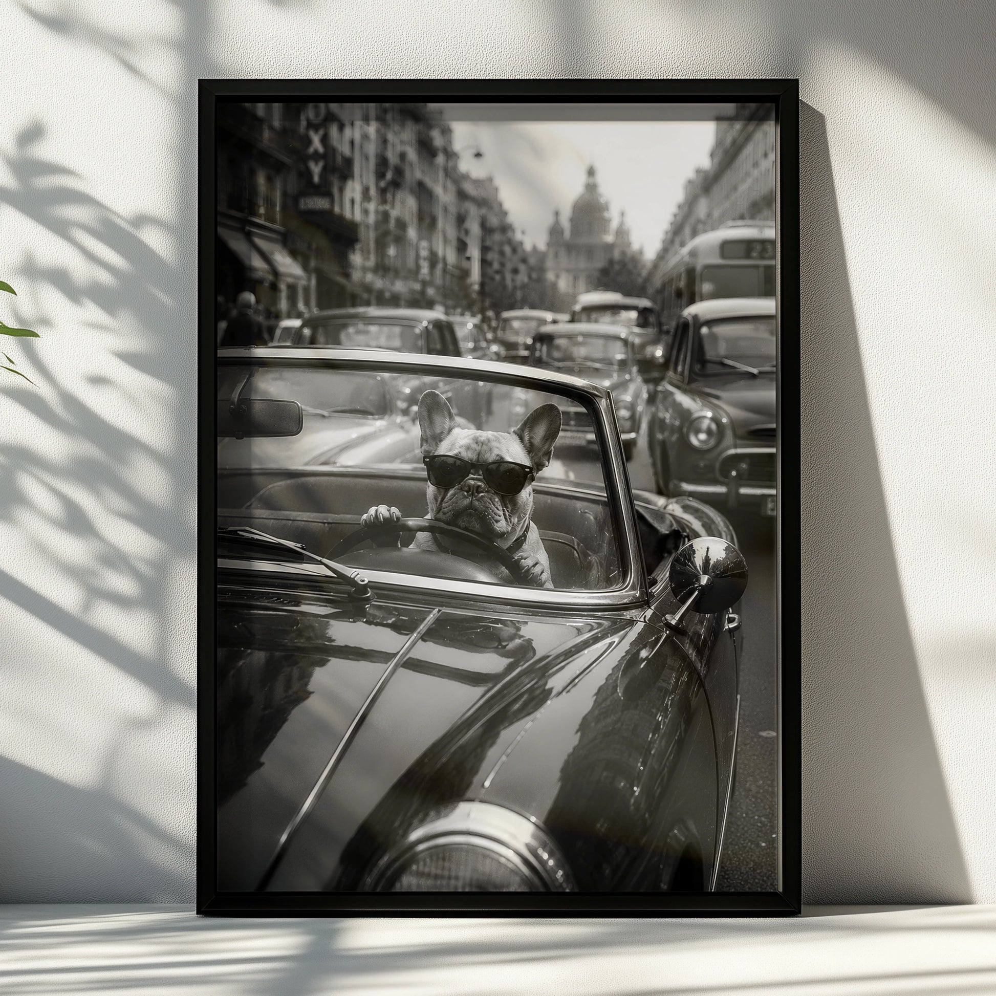 French Bulldog Driving Classic Car Poster, Funny Dog Wall Art, Black and White Print
