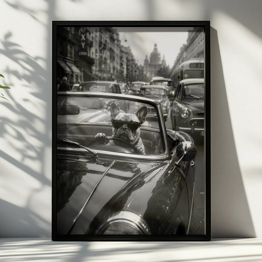 French Bulldog Driving Classic Car Poster, Funny Dog Wall Art, Black and White Print