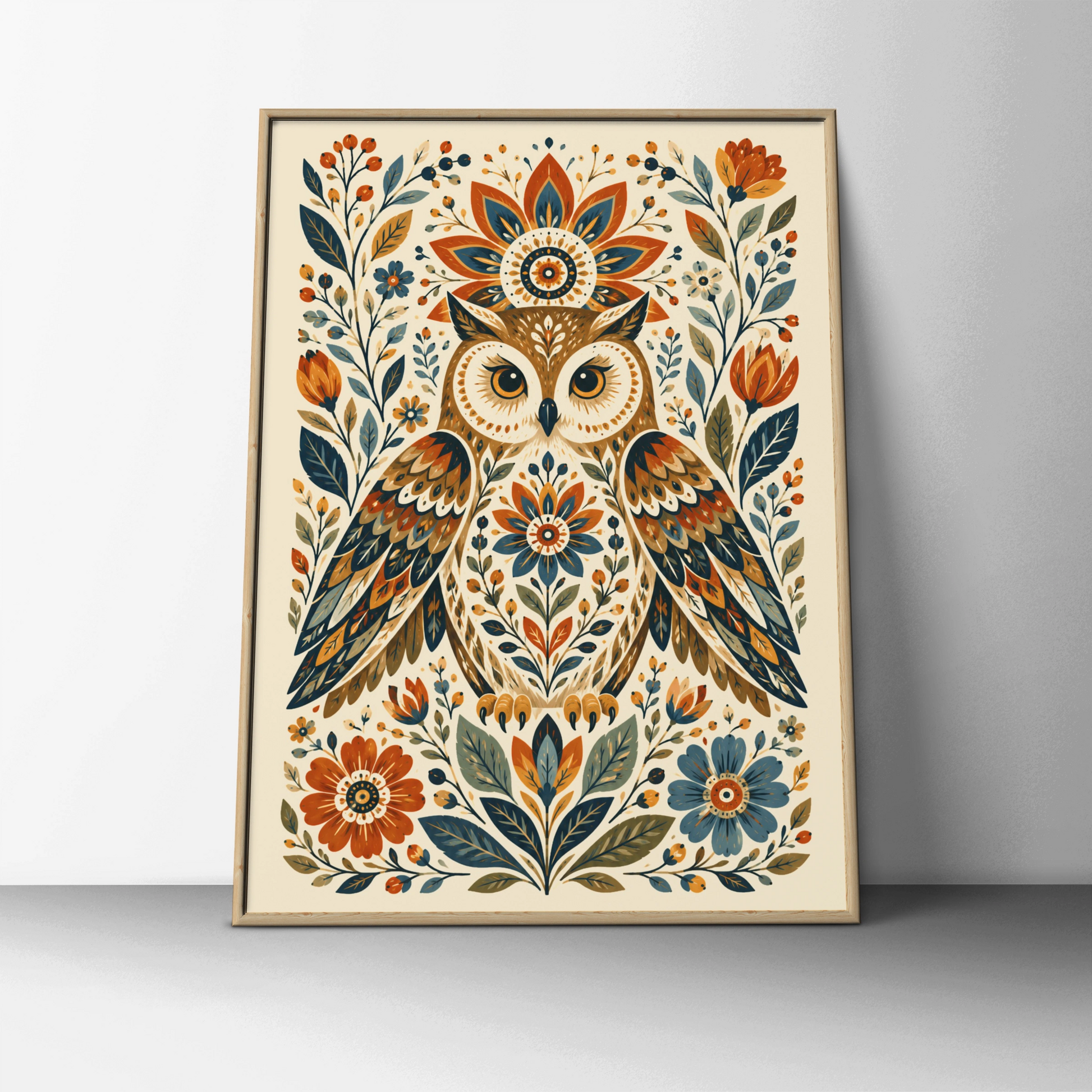 Folk Art Owl Poster, Floral Bird Wall Art, Botanical Nature Print, Boho Home Decor