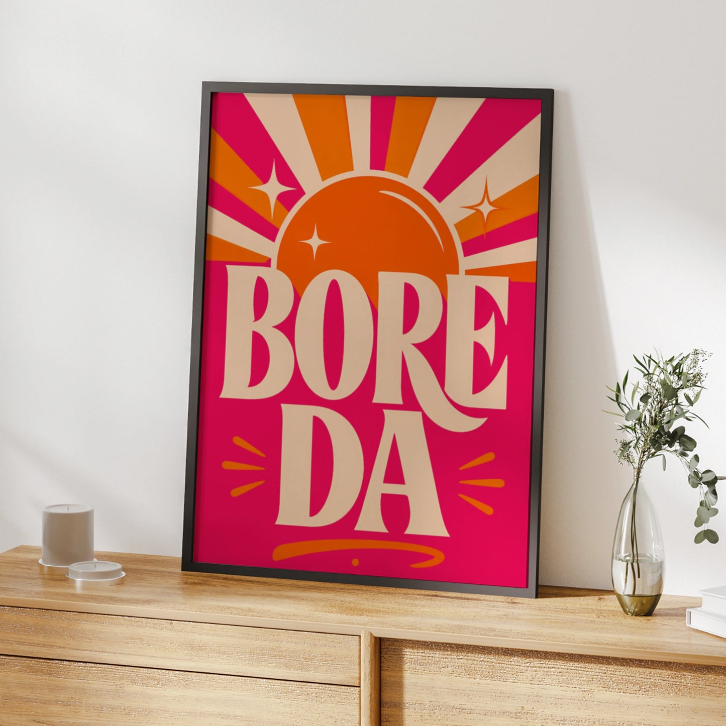 Bore Da Welsh Good Morning Poster, Wales Wall Art, Retro Sun Print, Bold Pink
