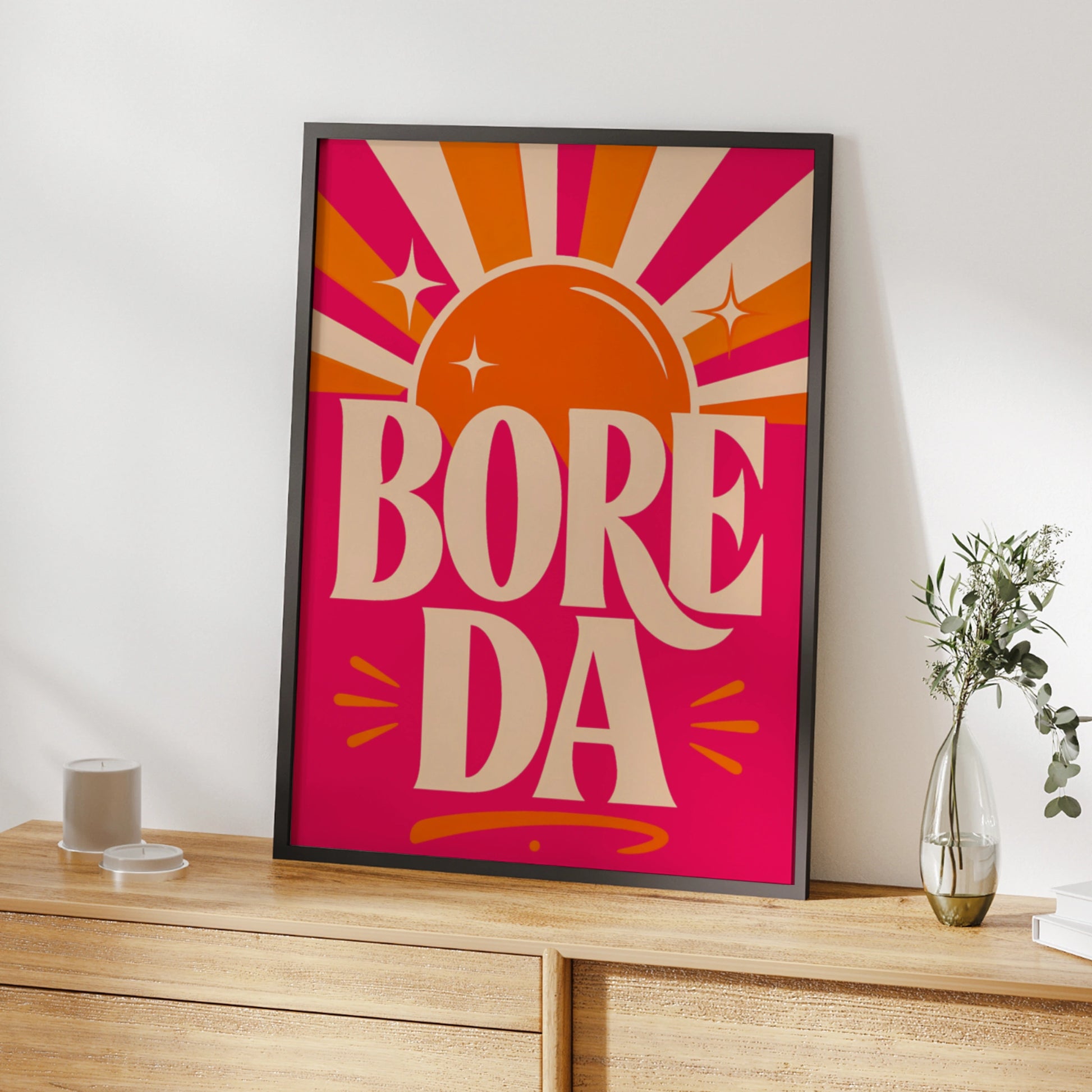 Bore Da Welsh Good Morning Poster, Wales Wall Art, Retro Sun Print, Bold Pink
