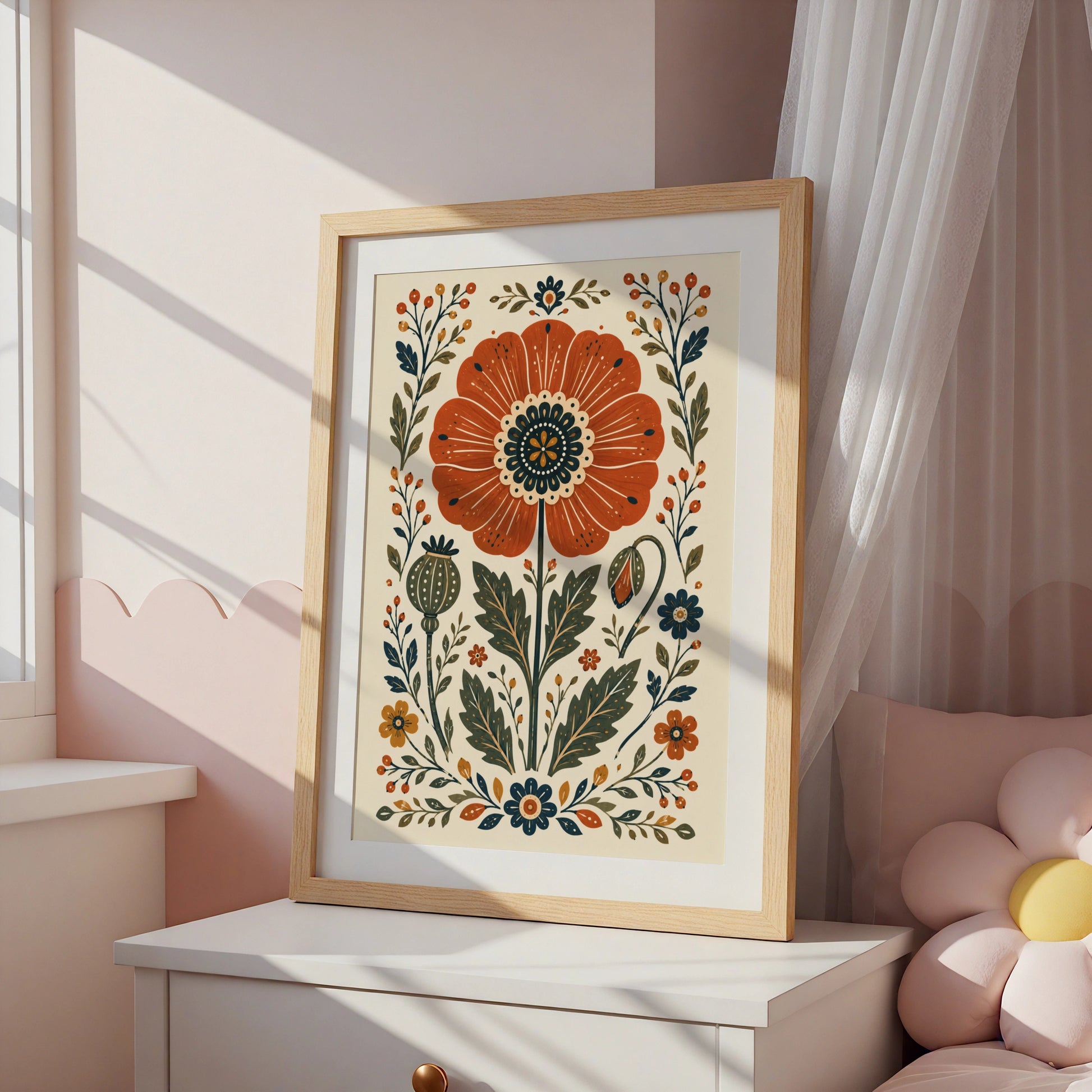 Folk Poppy Poster, Floral Wall Art, Botanical Print, Scandi Folk Art, Red Poppy Decor